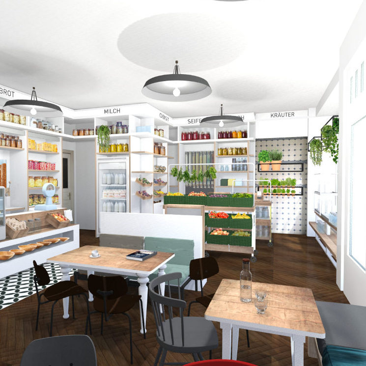 Interior-Design 3D-Visualisierung Zero-waste-Café