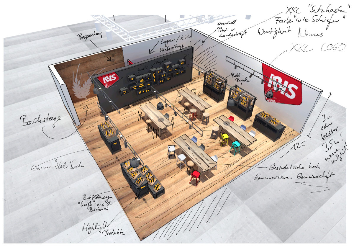 Messestand-Design Skizze für IBIS auf der ISM