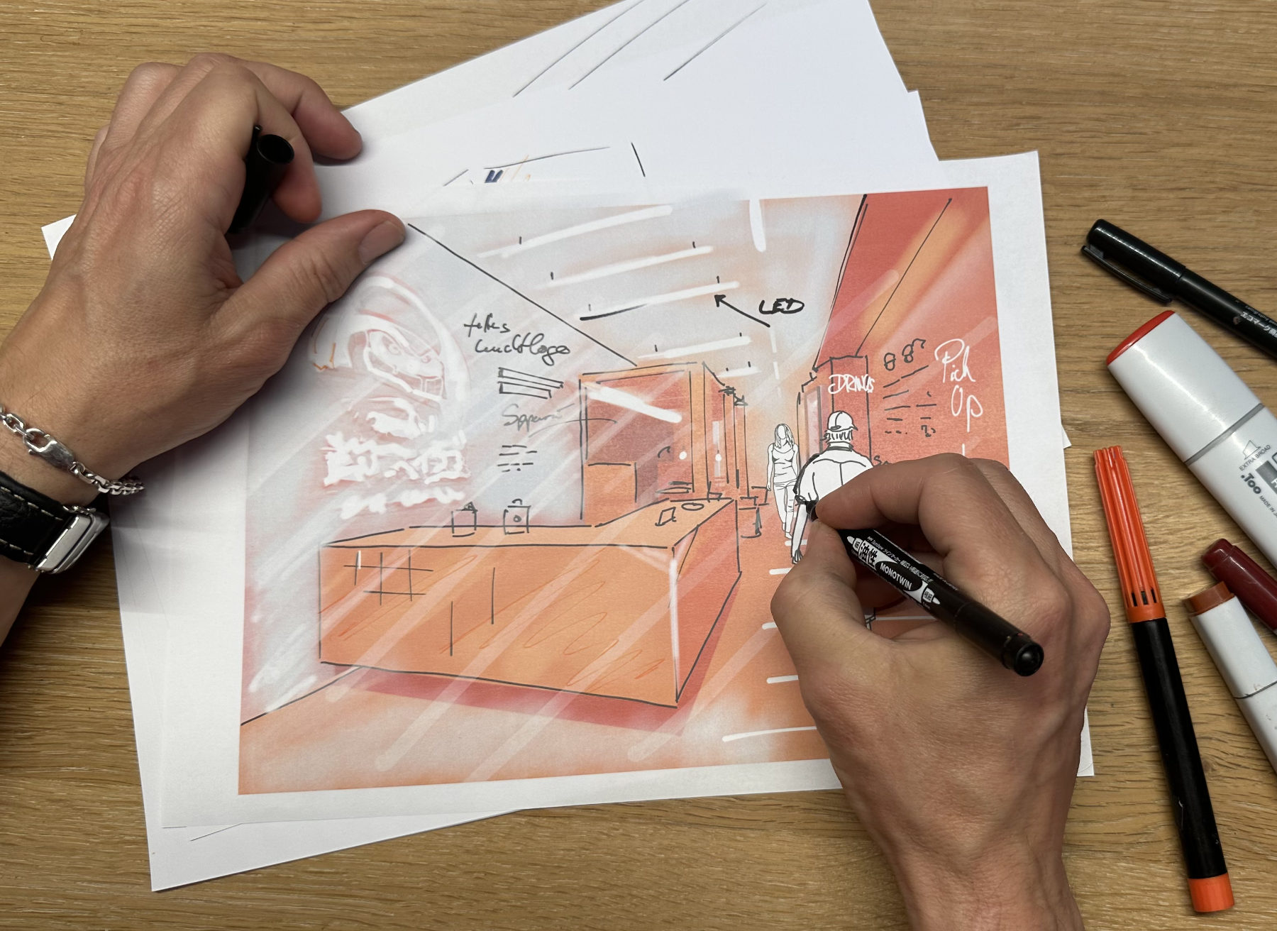 Effiziente Darstellungstechnik durch Design-Scribbles – schnelle Skizzen als Grundlage für das Gastronomieprojekt. Design-Scribble mit schnellen Skizzen zur Ideenvermittlung im Gastronomieprojekt – effiziente Darstellungstechnik