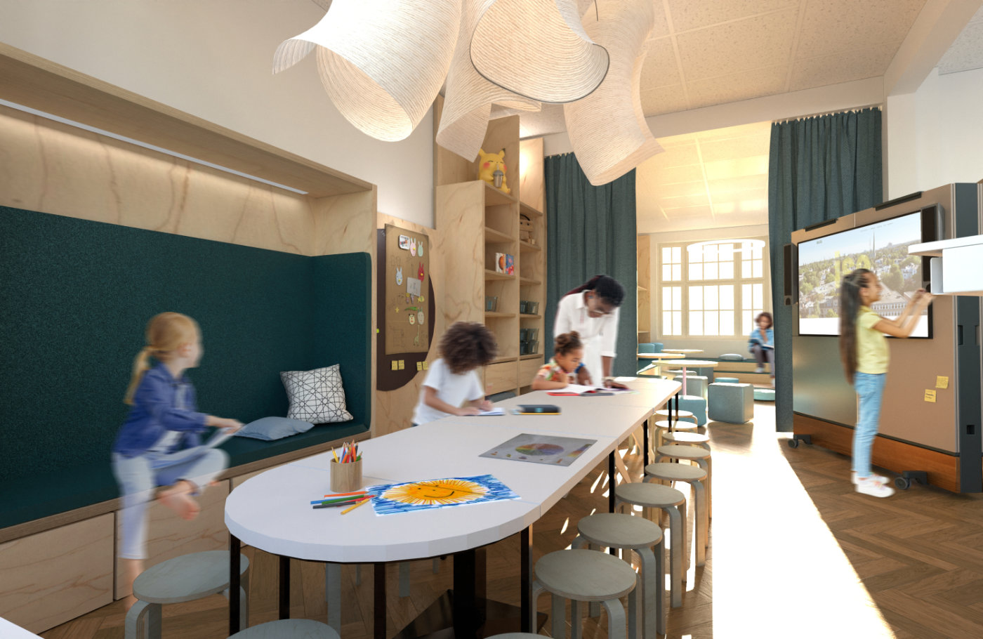 Darstellung eines großen Gemeinschaftstisches in einer offenen Lernlandschaft der Grundschule, umgeben von modernen Möbeln und großzügigen, hellen Räumen