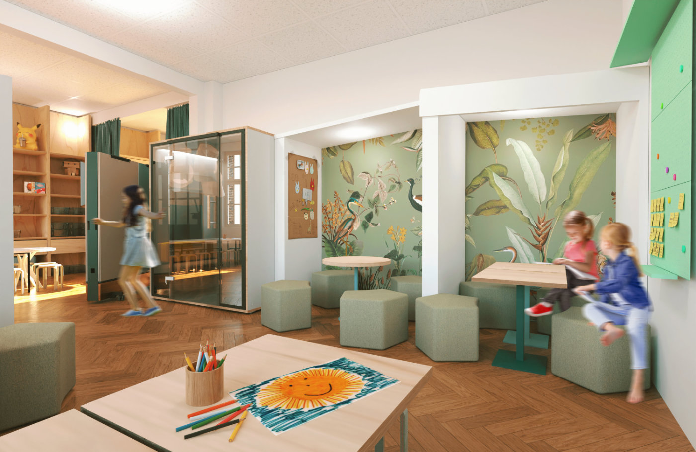 Entwurf des Stillarbeitsbereichs mit Sitznischen in der offenen Lernlandschaft der Grundschule, gestaltet vom Hamburger Designbüro Juni.Studio