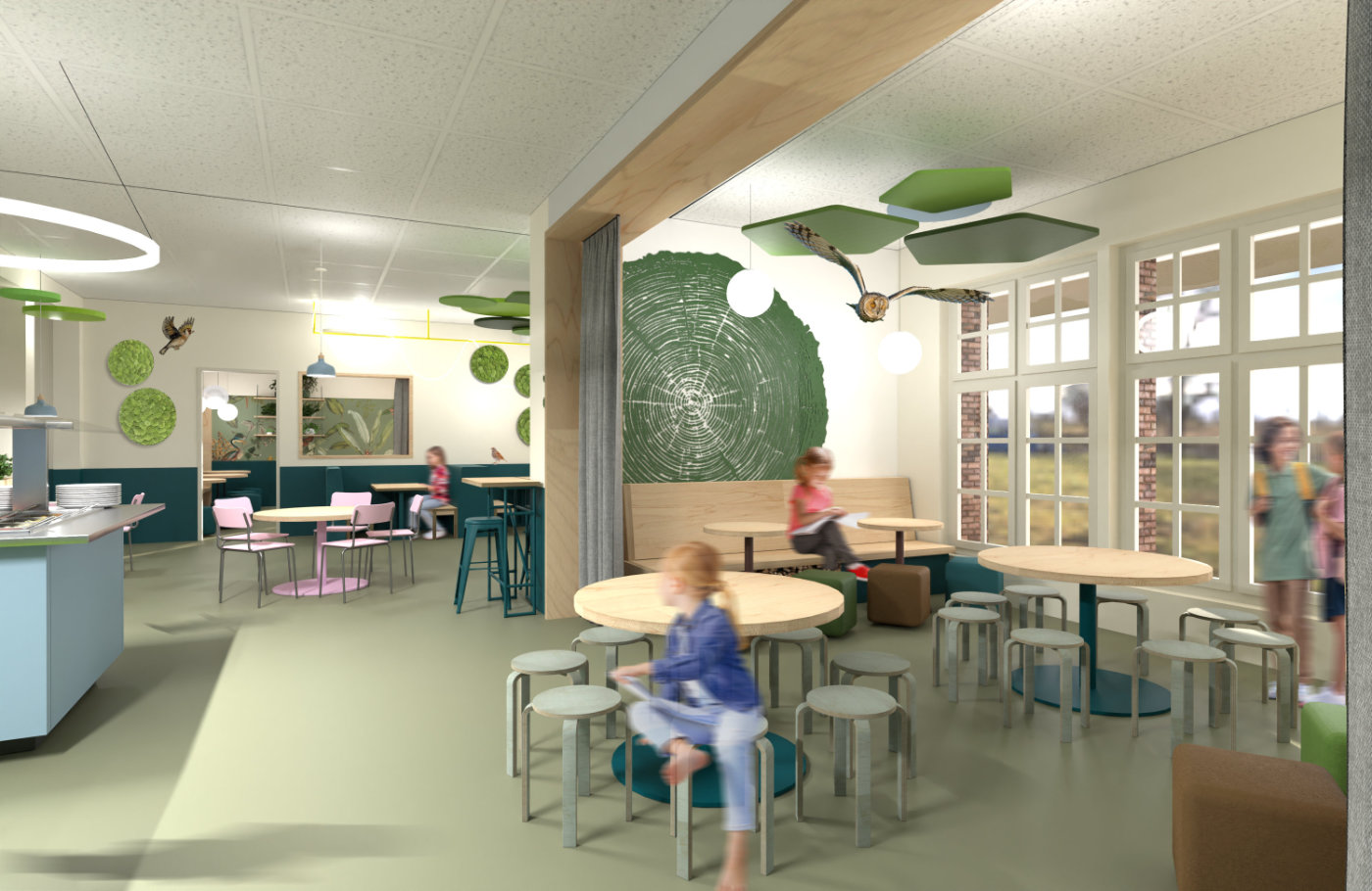 Darstellung der Mensa der Grundschule, gestaltet mit natürlichen Materialien wie Holz, Pflanzen und sanften Farbtönen, um eine angenehme Atmosphäre zu schaffen
