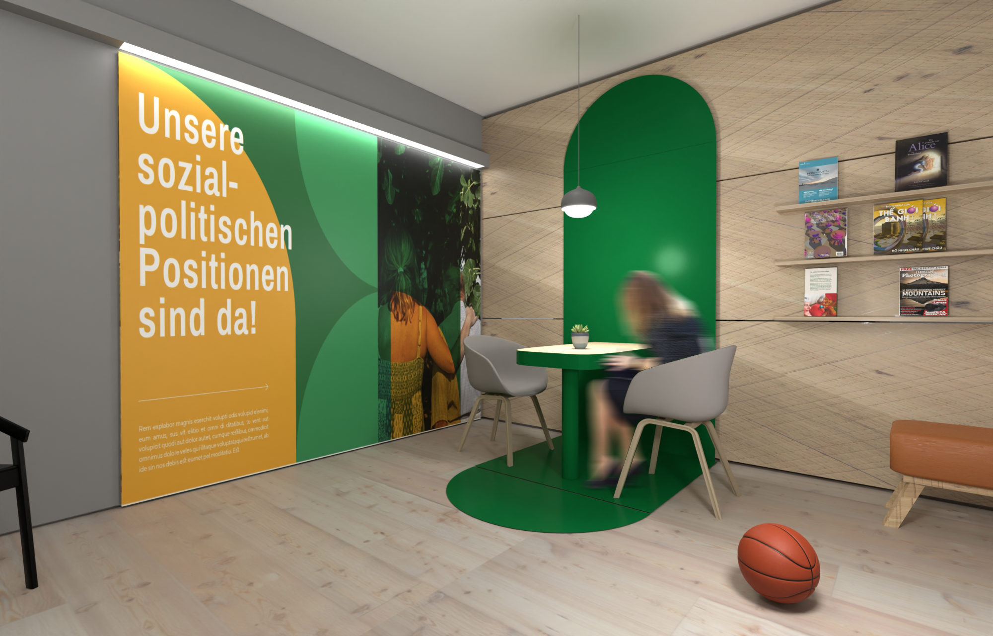 Sitzgruppe im neu gestalteten Wartebereich als Teil des Interior Designs für einen Sozialverband