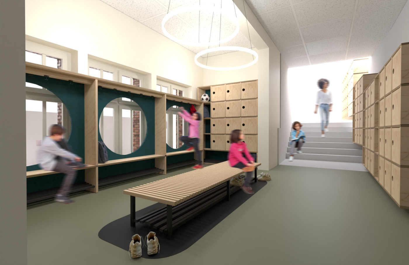 Entwurf für Willkommensbereich und Garderobe, im Corporate Design der Grundschule Isestrasse, erstellt vom Hamburger Designbüro Juni.Studio