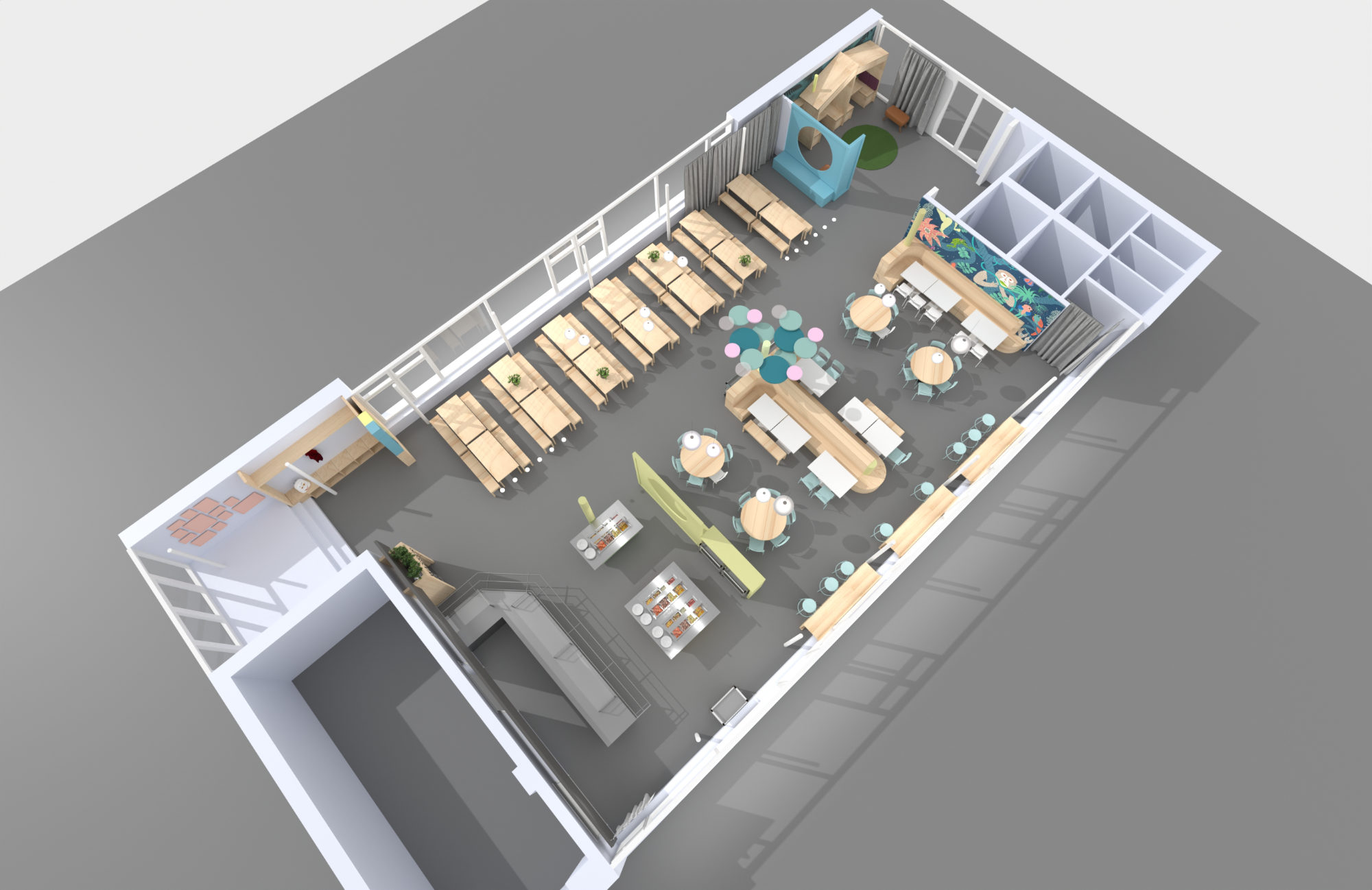 Der 3D-Grundriss vermittelt eine Übersicht über die innenarchitektonisch geplanten Funktionsbereiche in der Schulmensa. Dreidimensionaler Grundriss der Grundschulmensa – Visualisierung des innenarchitektonischen Raumkonzepts