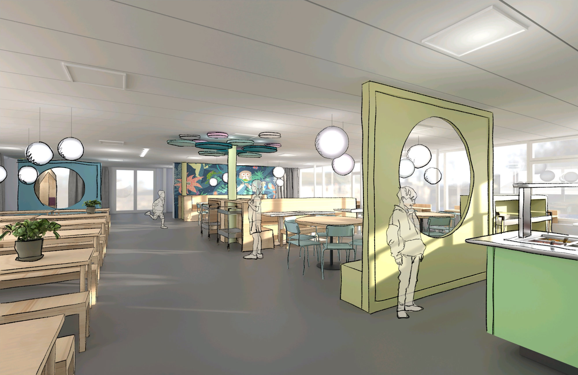 Detailansicht der Schulmensa – innenarchitektonische Gestaltung mit Fokus auf Raumaufteilung, Möbel und Beleuchtung für eine einladende Atmosphäre.
Innenarchitektonische Raumansicht der Schulmensa – funktionales Design für die Grundschule