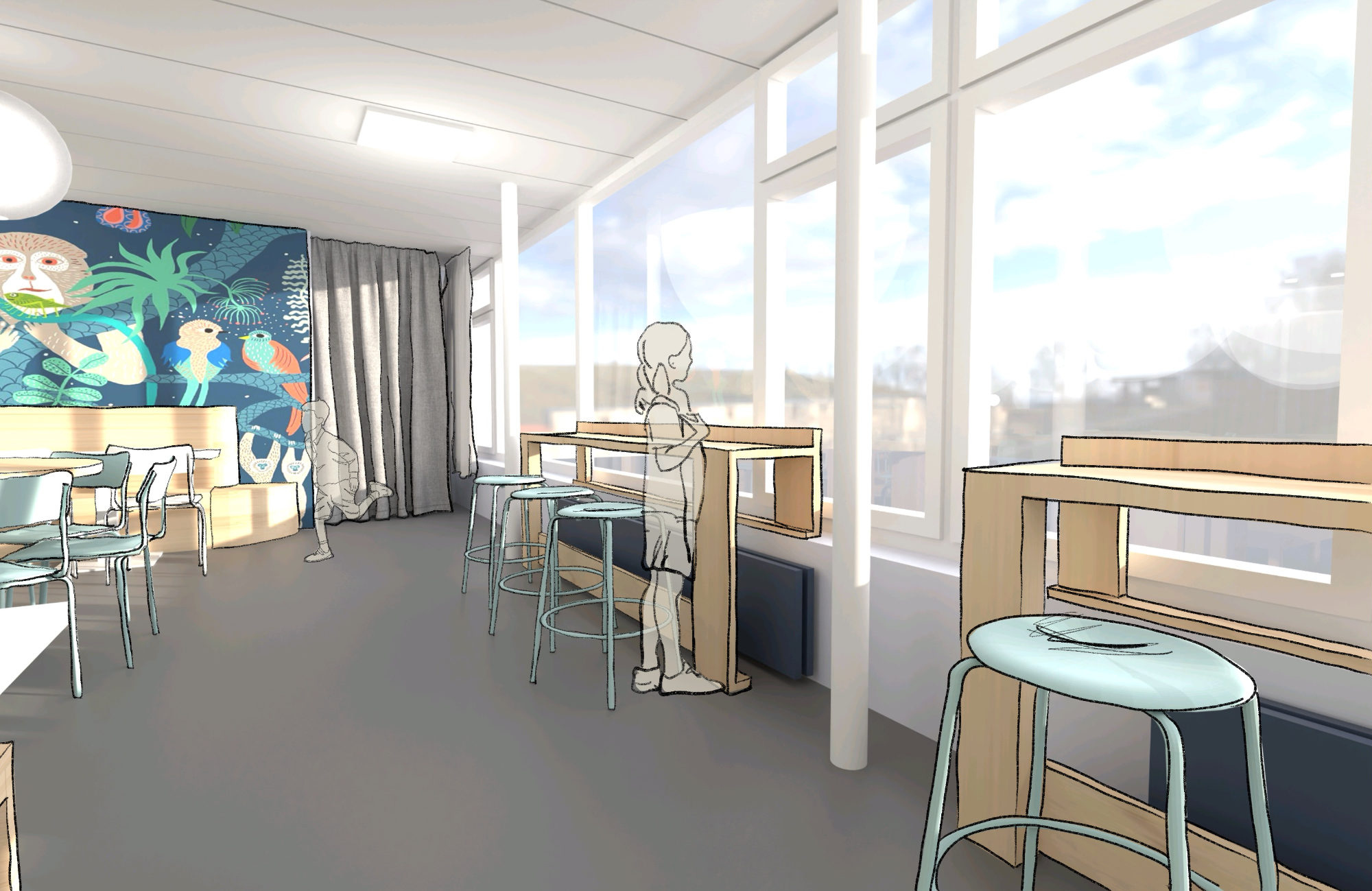 Stehtische entlang der Fenster schaffen helle, kommunikative Zonen – ein Entwurfselement der Schulmensa von Juni.Studio. Innenarchitektonische Darstellung von Stehtischen im Fensterbereich – freundliche Lernsituation in der Schulmensa