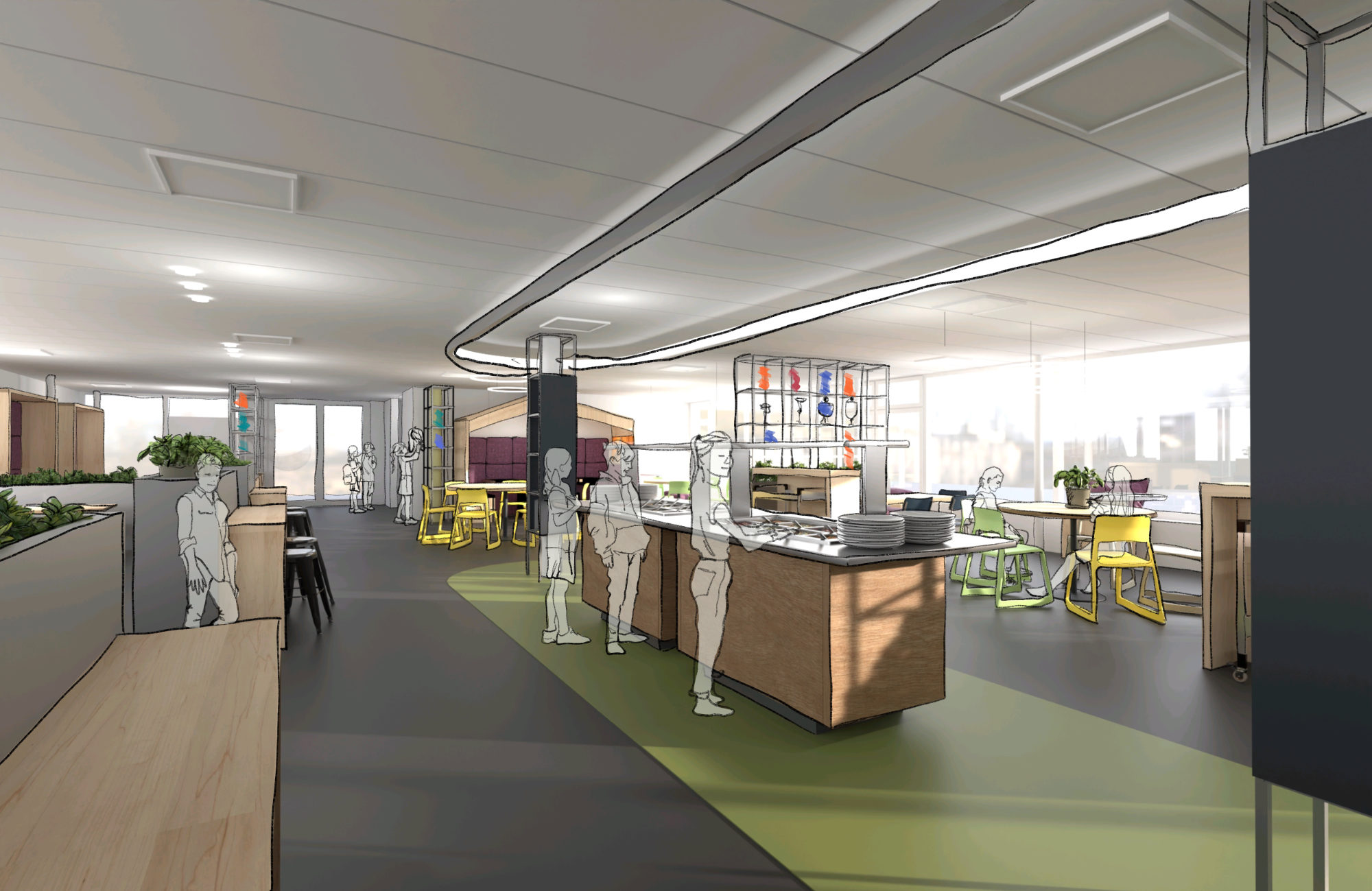 Visualisierung des Ausgabebereichs in der Mensa – Gestaltung durch Innenarchitekten mit Fokus auf Abläufe, Materialwahl und Atmosphäre. Innenarchitektonischer Entwurf der Essensausgabe in der Schulmensa – funktionales und kindgerechtes Design