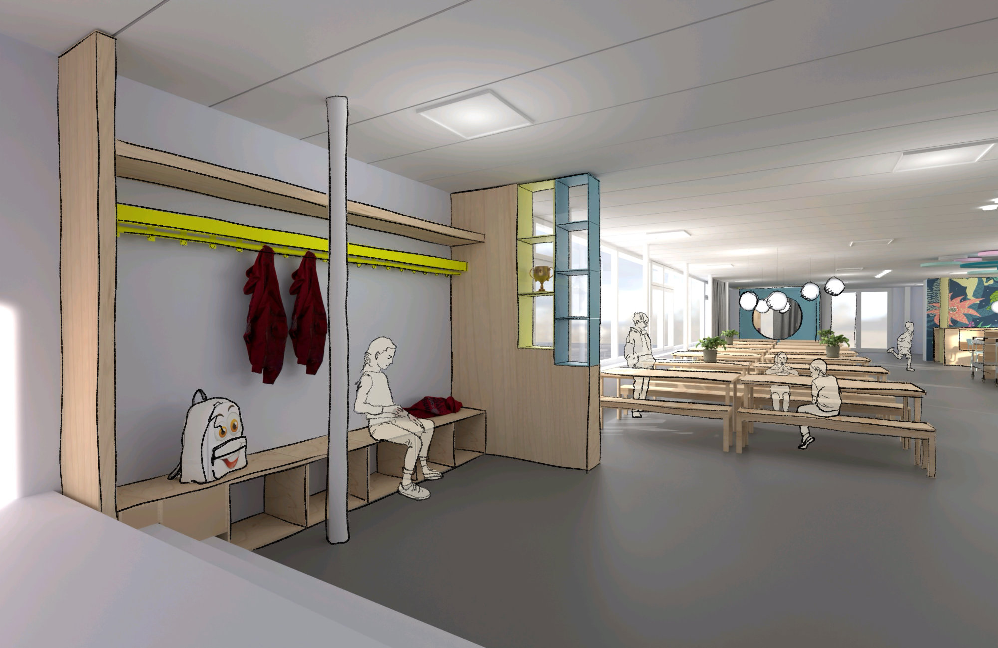 Visualisierung des Garderobenbereichs im Mensa-Umfeld – durchdachtes Möbeldesign und raumbezogene Lösungen für den Schulalltag. Gestalteter Garderobenbereich in der Schulmensa – funktionales und kindgerechtes Interior Design