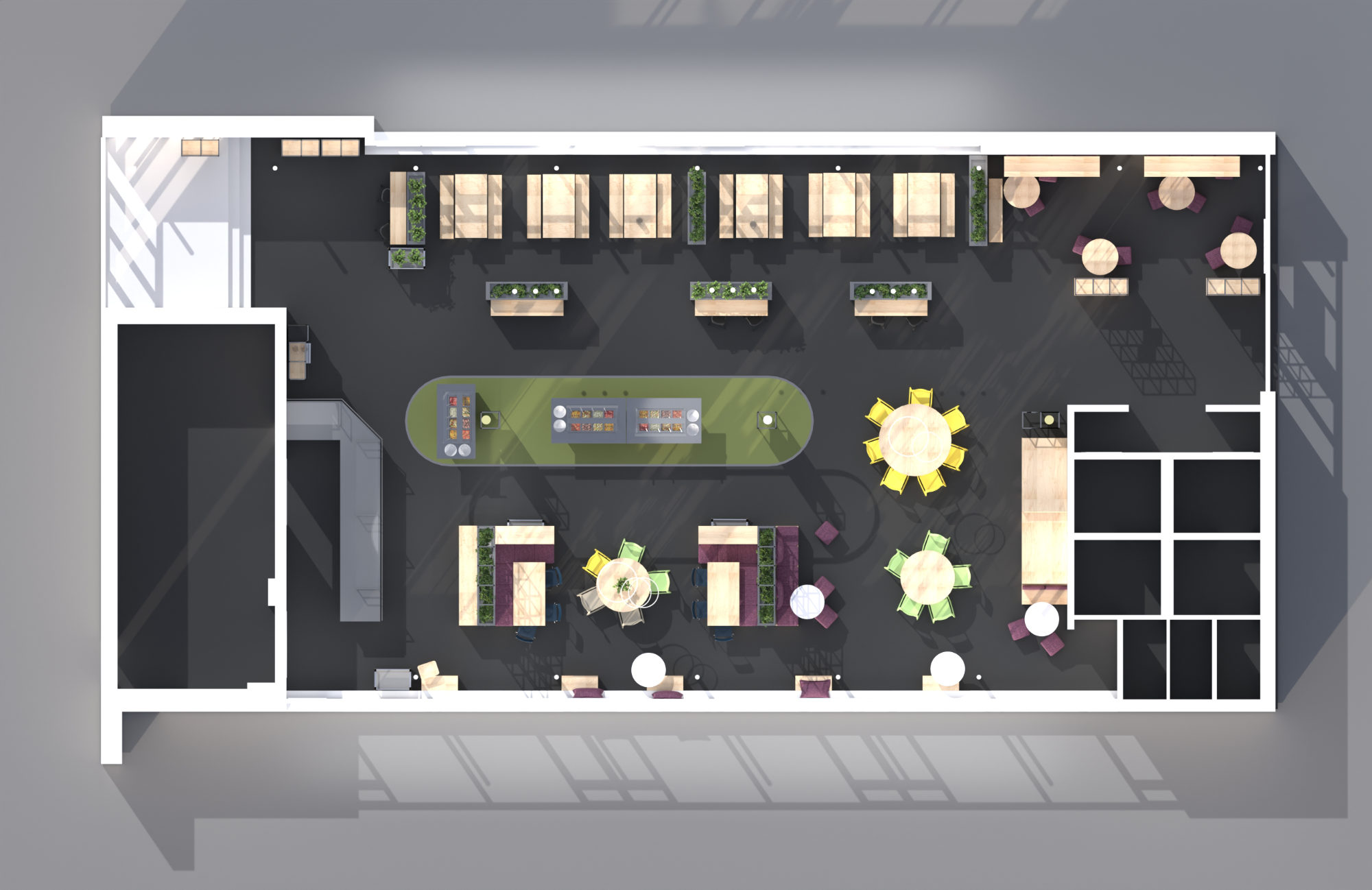 Grundrissdarstellung der Mensa einer Grundschule, entworfen von dem Designbüro Juni.Studio – mit klarer Zonierung für funktionale Abläufe. Innenarchitektonischer Entwurf: Zonierter Grundriss der Schulmensa mit Sitzbereichen und Ausgabefläche