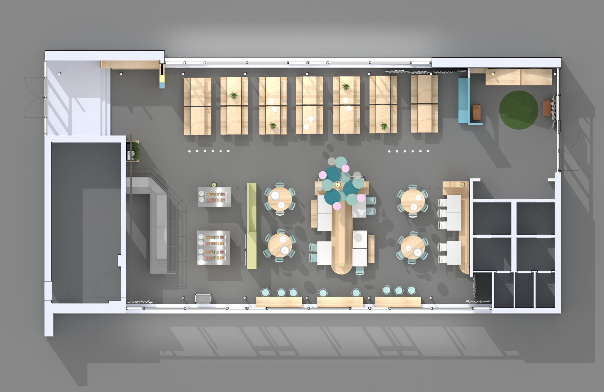 2D-Grundriss mit farblicher Zonierung für die Grundschulmensa – Darstellung des Interior-Designs durch das Designbüro Juni.Studio Farbig gestalteter 2D-Grundriss der Mensa – Visualisierung des innenarchitektonischen Raum- und Nutzungskonzepts