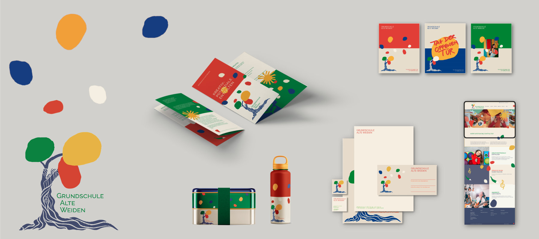 Das entwickelte Designsystem umfasst alle Anwendungen: vom Logo über die Website bis zu Printprodukten und Merchandise - verbunden durch eine einheitliche Gestaltungssprache Logo, Website, Flyer, Plakate und Merchandise im durchgängigen Corporate Design der Grundschule