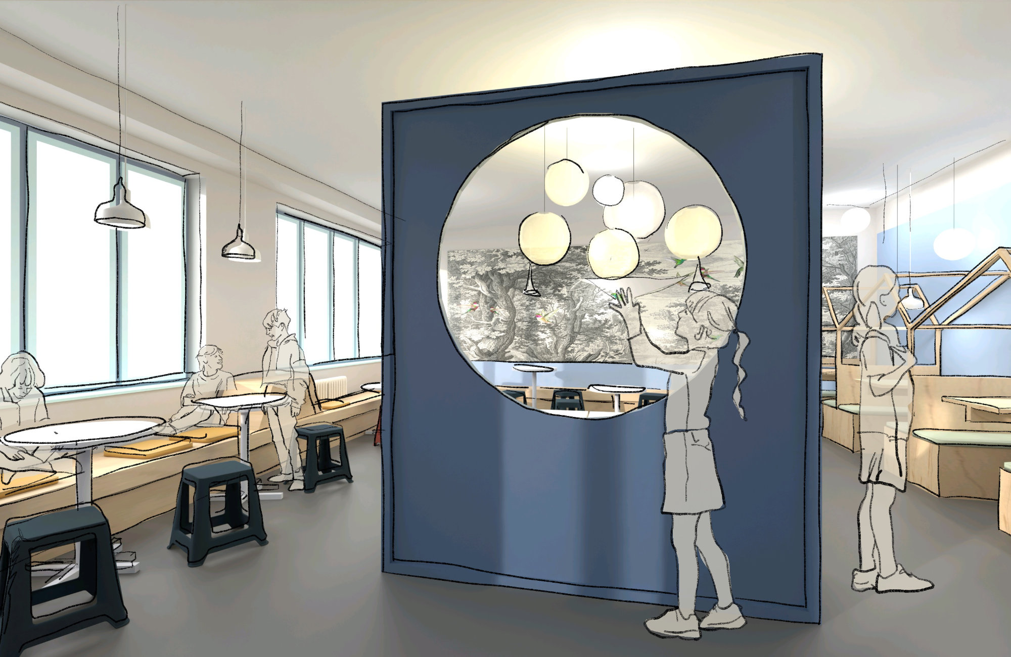 Diese Farbvariante kombiniert wohnliche Farbtöne mit kindgerechtem Rückzugsdesign. Sitzhäuschen, Raumtrenner und Wandgestaltung erzeugen eine warme und strukturierte Atmosphäre. Visualisierung einer Farbvariante der Schulmensa mit farbig gestalteten Sitznischen in stilisierten Holzhäuschen, einem akustisch wirksamen Raumtrenner und einer stimmungsvollen Wandtapete mit Naturmotiv