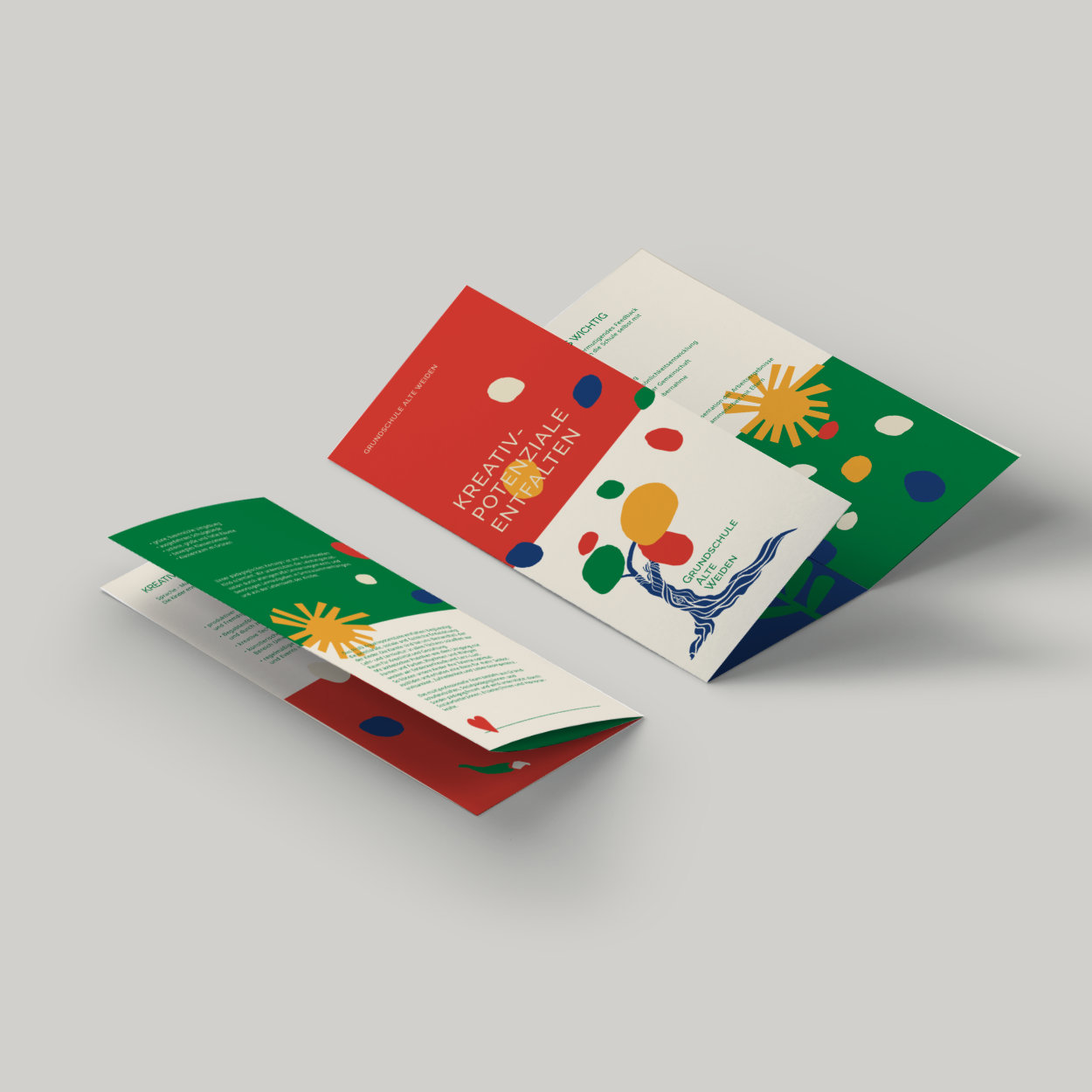 Der gestaltete Flyer transportiert Inhalte klar und kindgerecht - mit farblicher Struktur, prägnanten Icons und gut lesbarer Schrift Flyer der Grundschule mit freundlichem Layout, klarer Typografie und Gestaltungselementen aus dem neuen Corporate Design