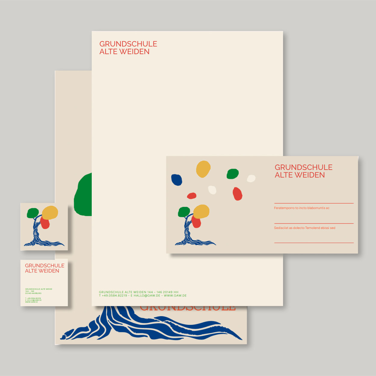 Ein einheitliches Erscheinungsbild für den Schulalltag: Briefpapier und Visitenkarten zeigen das neue Corporate Design mit klarer Typografie, definierter Farbwelt und hohem Wiedererkennungswert Geschäftsausstattung mit Briefpapier und Visitenkarten im farbenfrohen Corporate Design der Grundschule