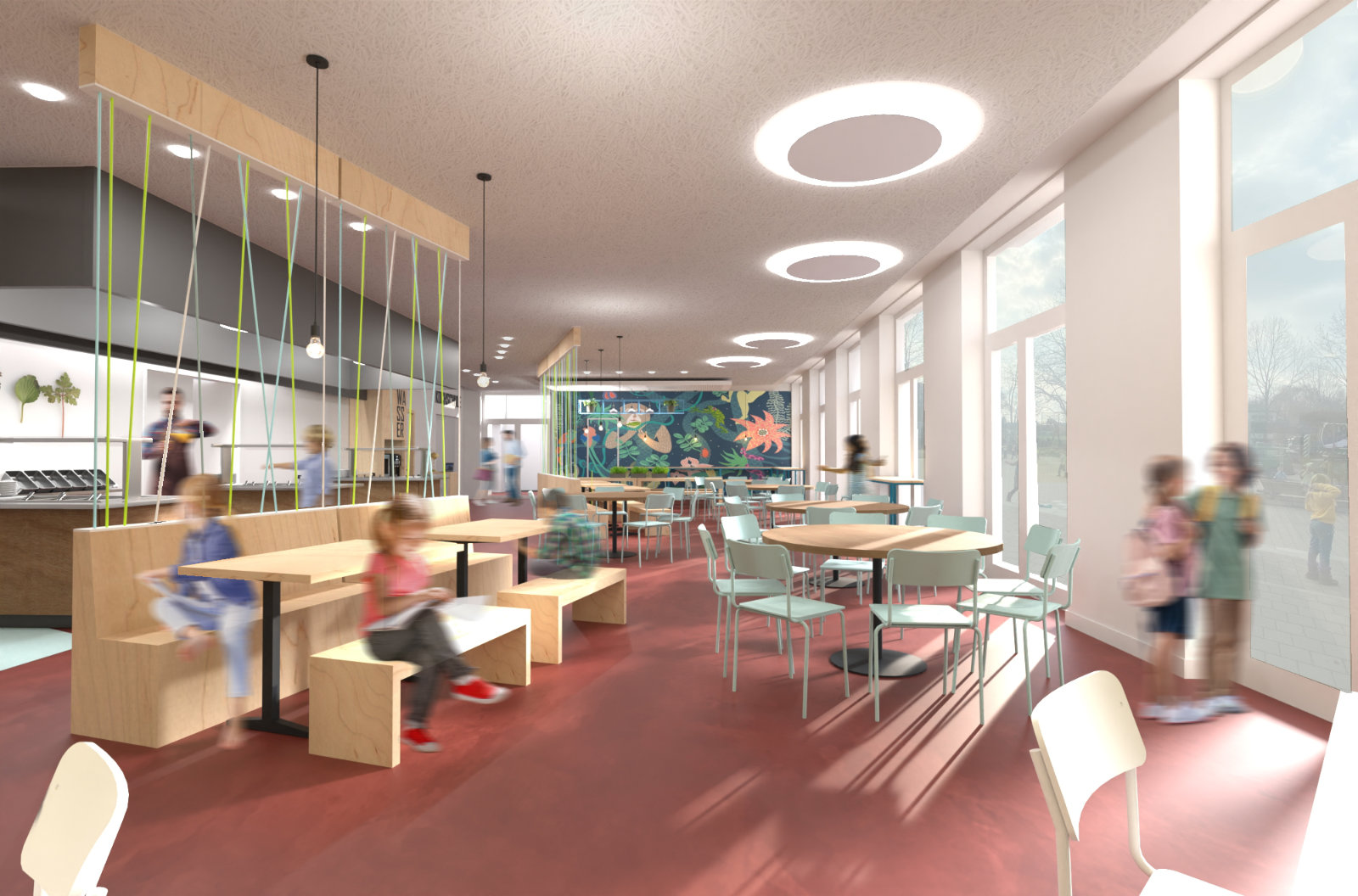 Visualisierung des neu gestalteten Essensbereichs in der Schulmensa: Unterschiedliche Sitzgruppen, Stehtische und Raumtrenner schaffen Struktur und Rückzugszonen trotz Durchgangsverkehr Designentwurf des Essensbereichs in der Schulmensa mit Raumzonierung und verschiedenen Sitzmöglichkeiten