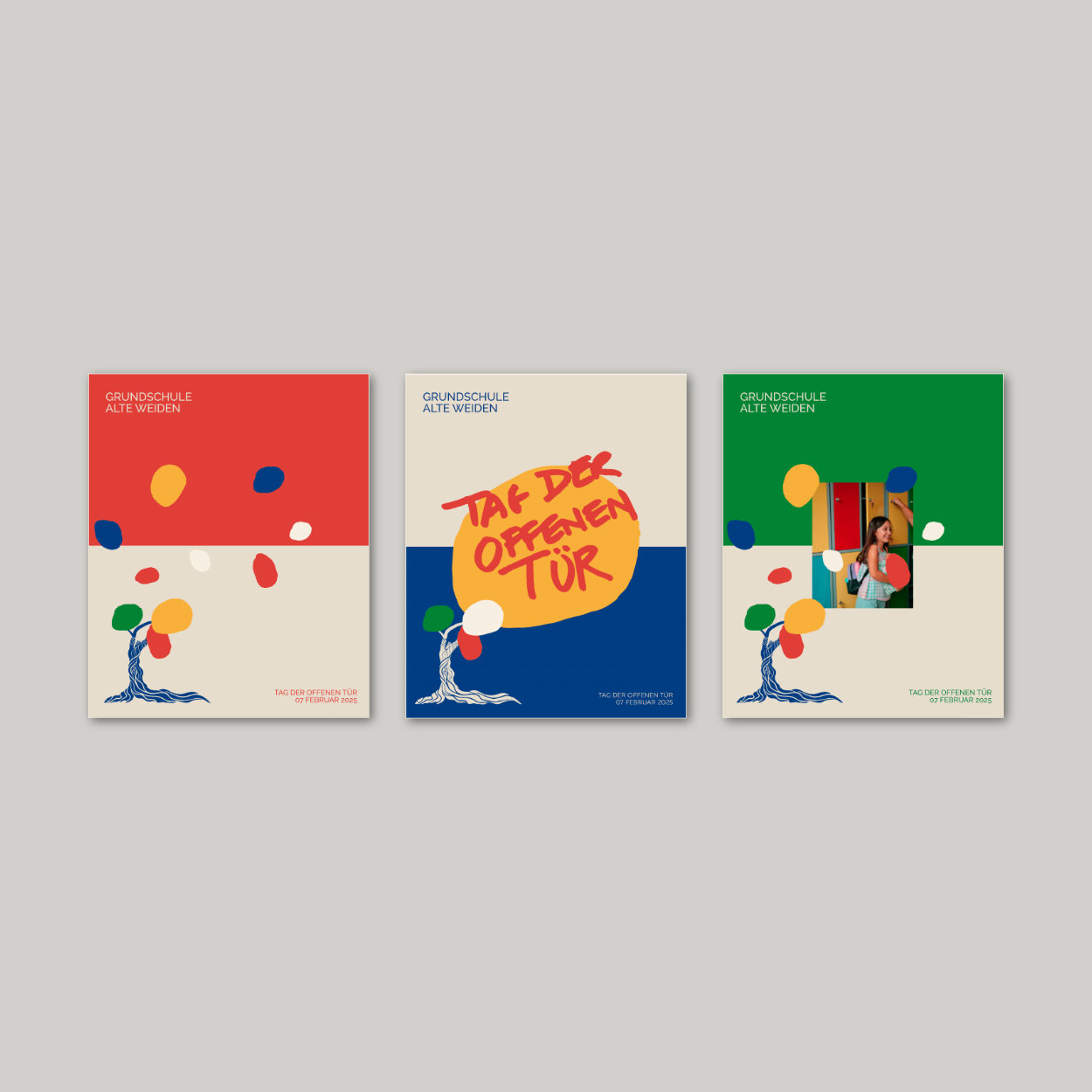 Die Posterlayouts zeigen die vielseitige Anwendbarkeit des Designsystems: auffällig, gut strukturiert und flexibel einsetzbar für verschiedene schulische Anlässe Drei verschiedene Poster-Entwürfe im Corporate Design der Grundschule mit plakativer Farbgebung und klarer Typografie
