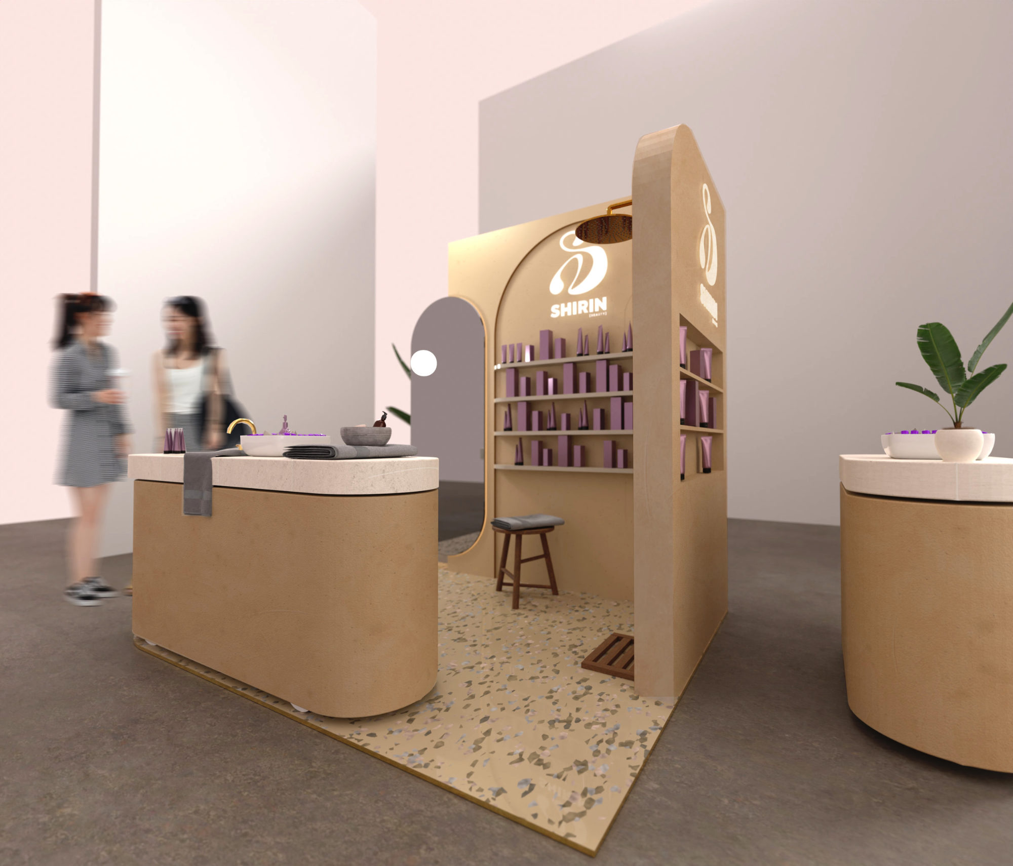 Rendering des mobilen Promotionstands für Shirin Beauty – Designentwurf mit Waschbecken, Spiegel und Kalkputz-Oberfläche.