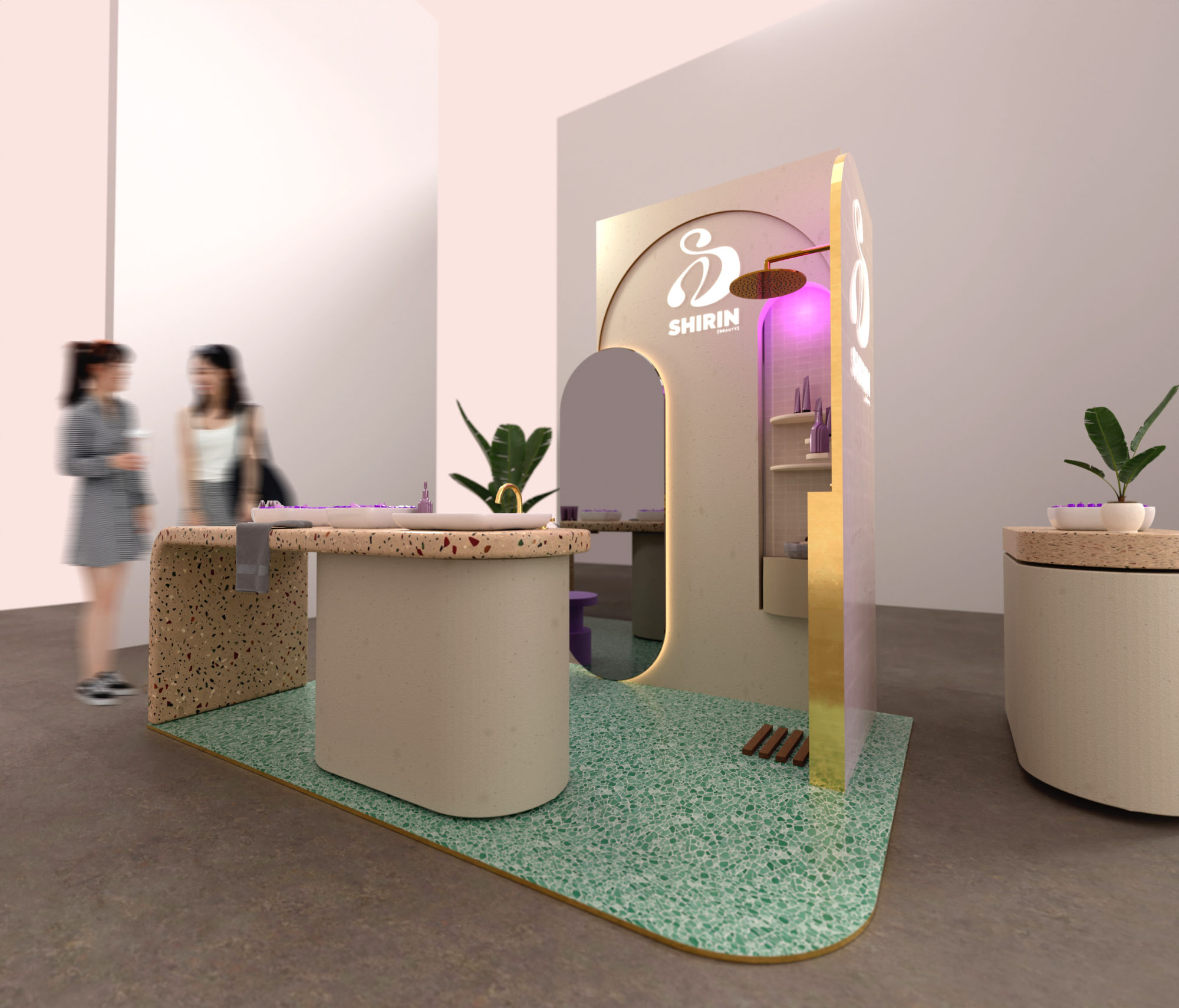 Rendering eines farbenfrohen Promotionstands für Shirin Beauty mit Terrazzo-Oberfläche, Spiegelwand und Kosmetikdisplay