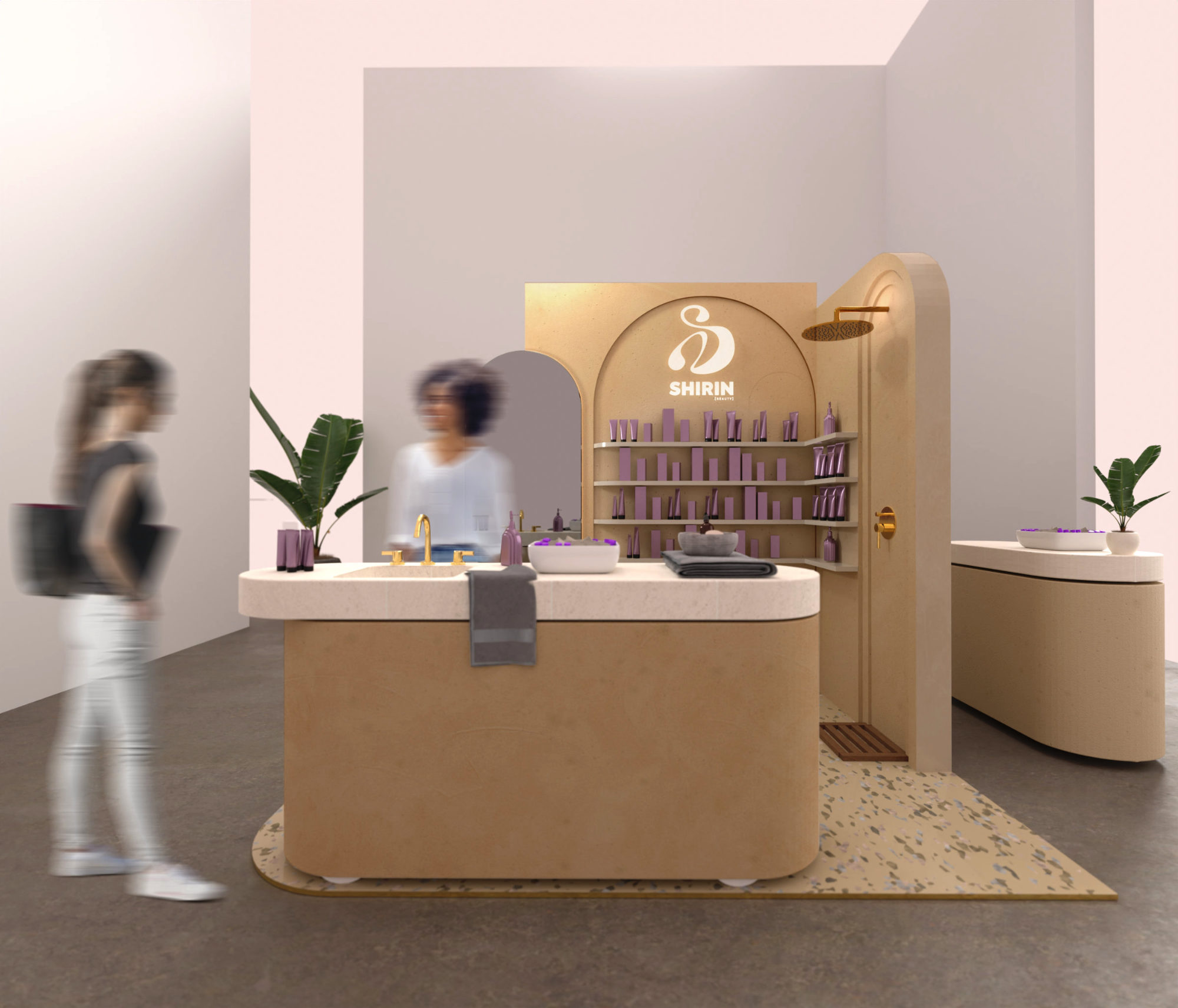 Rendering eines mobilen Promotionstands für Shirin Beauty – mit Waschplatz, Spiegelwand und Regal zur Produktverteilung bei Konzerttour