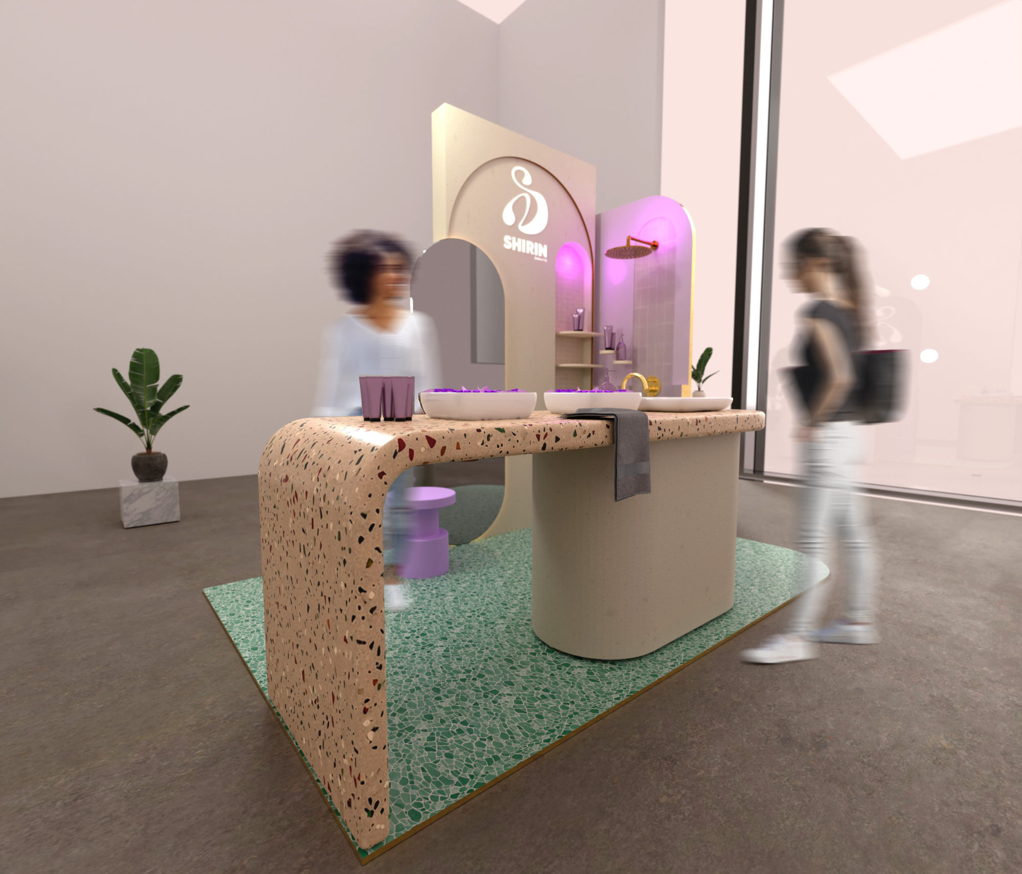 Rendering eines farbenfrohen Promotionstands für Shirin Beauty mit Terrazzo-Oberfläche, Spiegelwand und Kosmetikdisplay