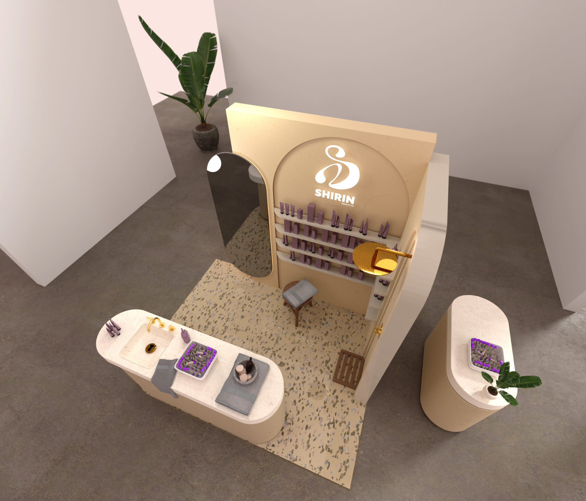 Isometrisches Rendering eines mobilen Promotionstands für Shirin Beauty – Design-Entwurf mit Tresen, Waschbecken, Spiegel und Regalwand zur Produktpräsentation