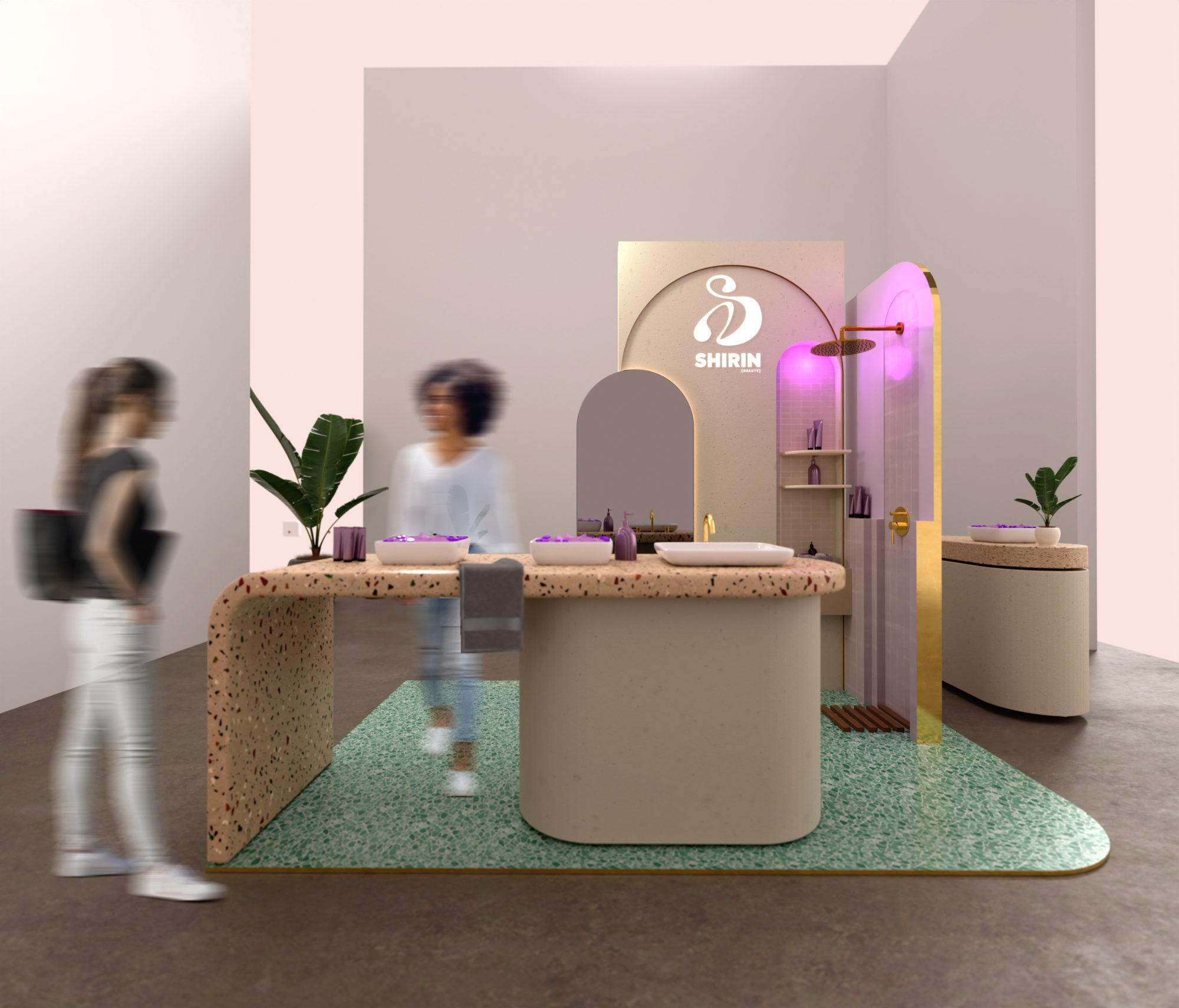 Entwurfsdarstellung eines Promotionstands mit Spiegelwand, farbigen Elementen und Terrazzo-Fläche zur Präsentation der Shirin Beauty Kosmetikprodukte