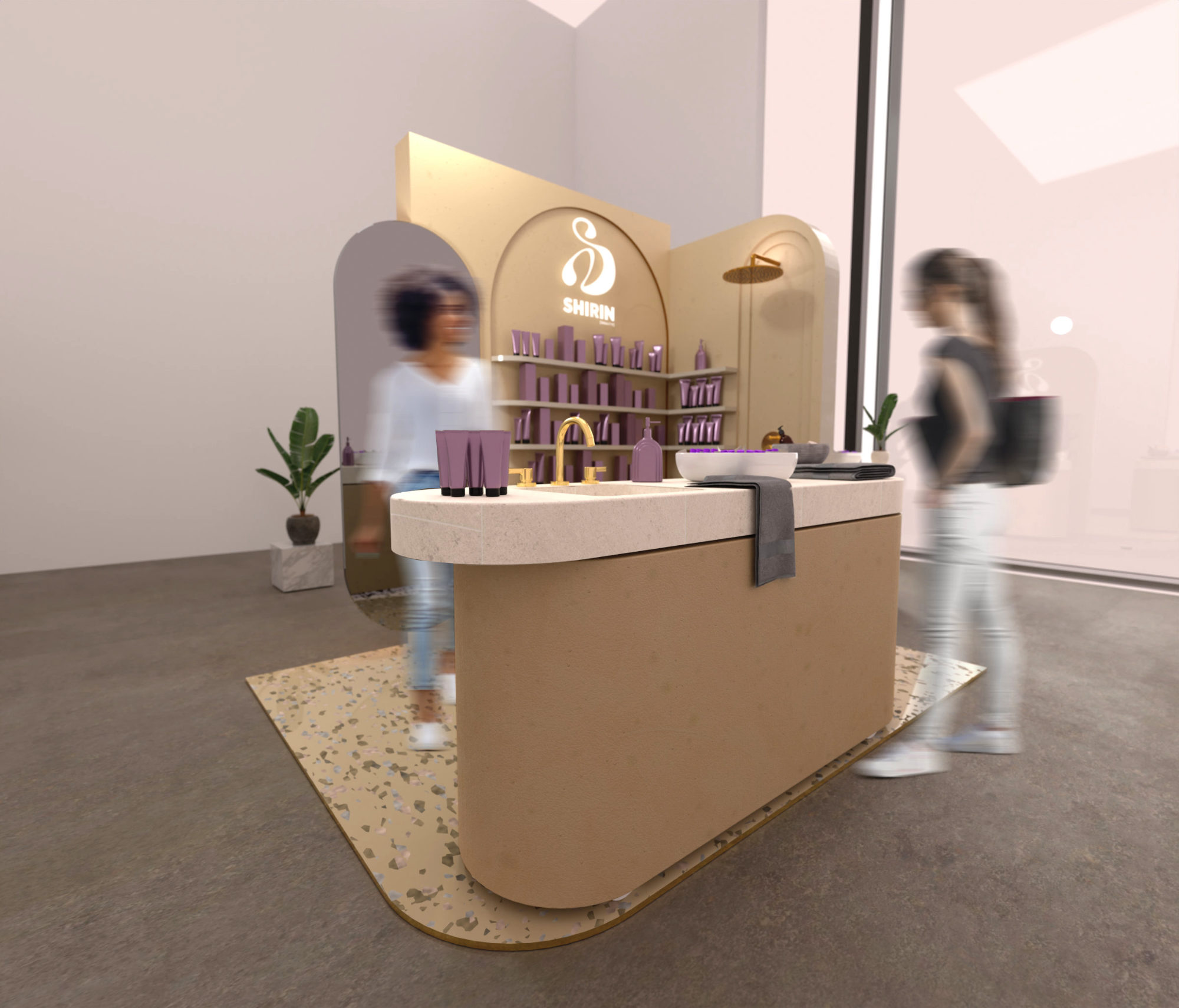 Entwurfsrendering des mobilen Promotionstands für Shirin Beauty – Designentwurf mit Waschbecken, Spiegel und Kalkputz-Oberfläche.