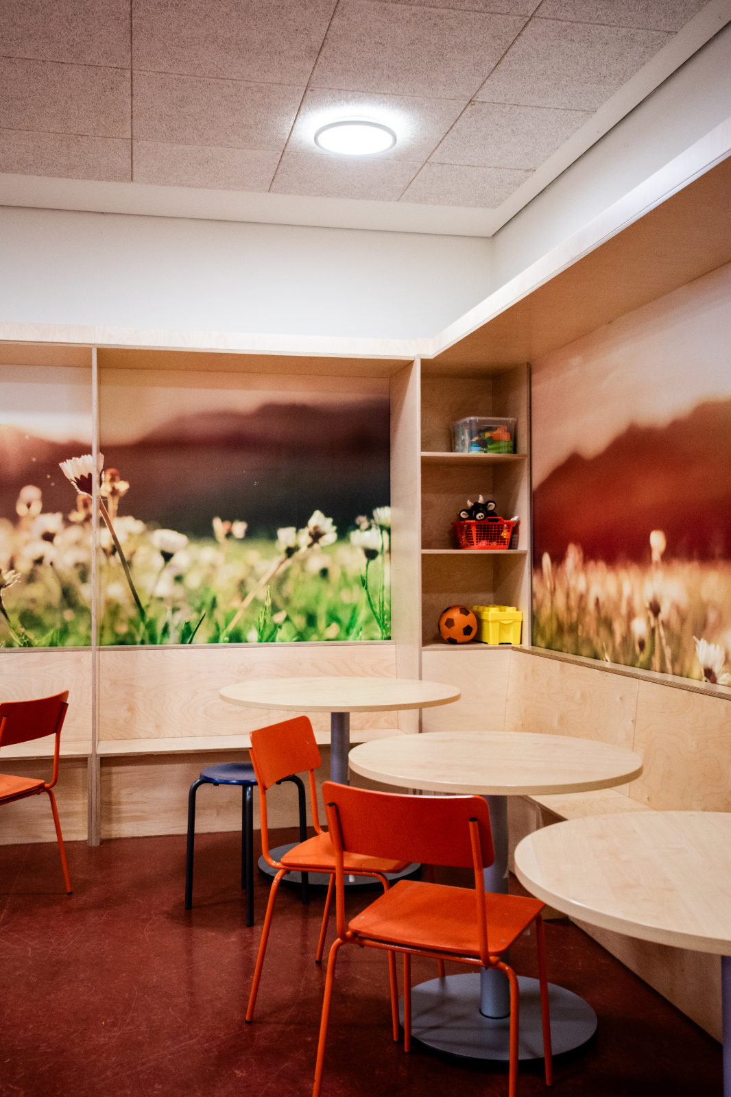 Holzsitznischen mit runden Tischen, farbigen Stühlen und einer Naturmotiv-Tapete in der Mensa der Grundschule Nettelnburg