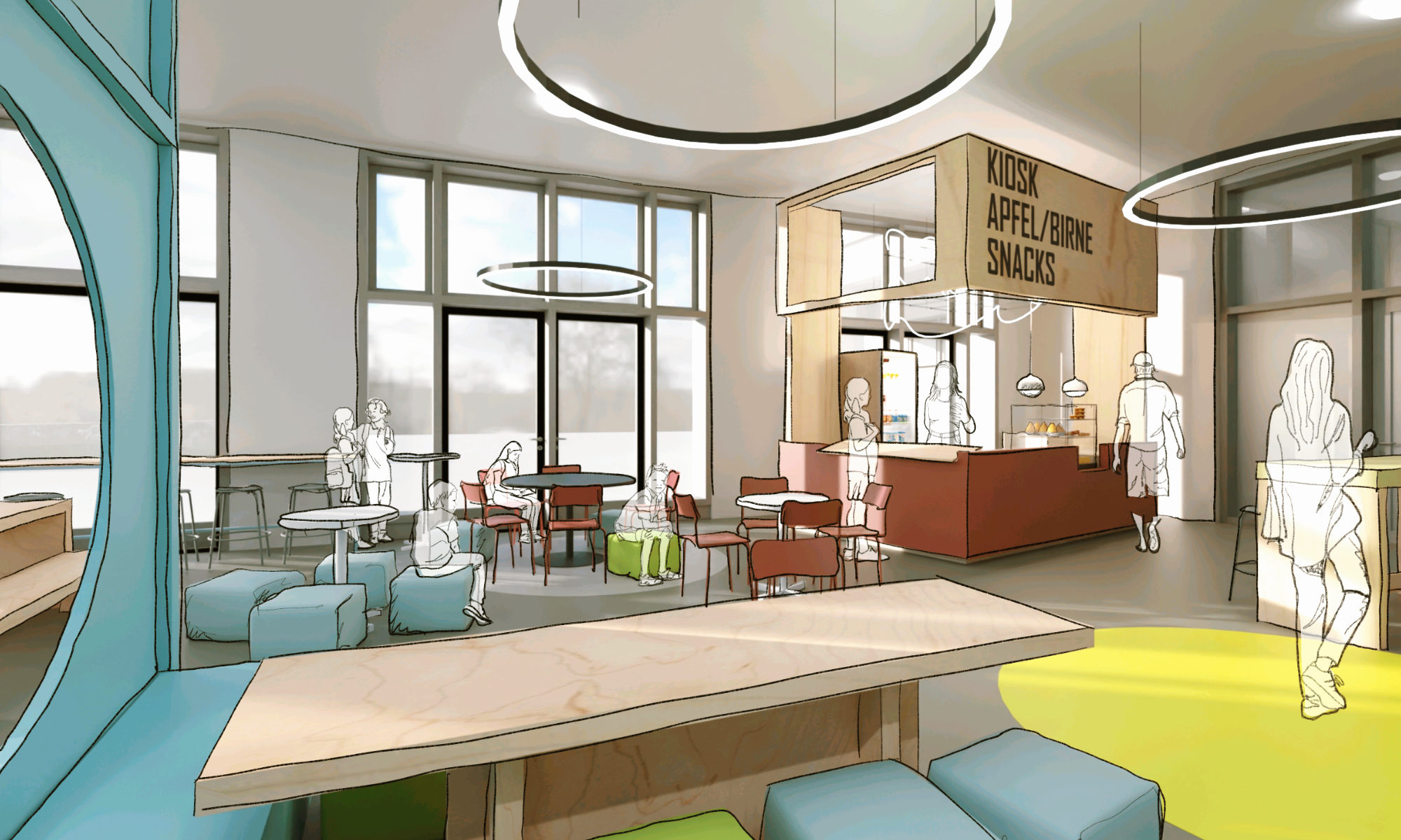 Entwurf einer Mensa mit zentralem Kiosk und Ausgabebereich sowie offenen Sitzzonen
