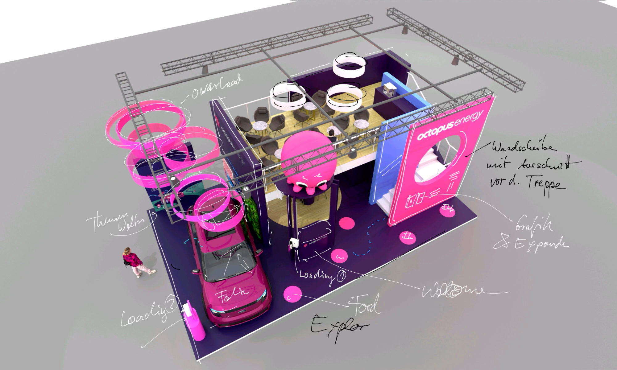 Rendering des zweigeschossigen Messestands für Octous Energy mit handgezeichneten Notizen und Scribbles zur Entwicklung von Gestaltung und Inhalten