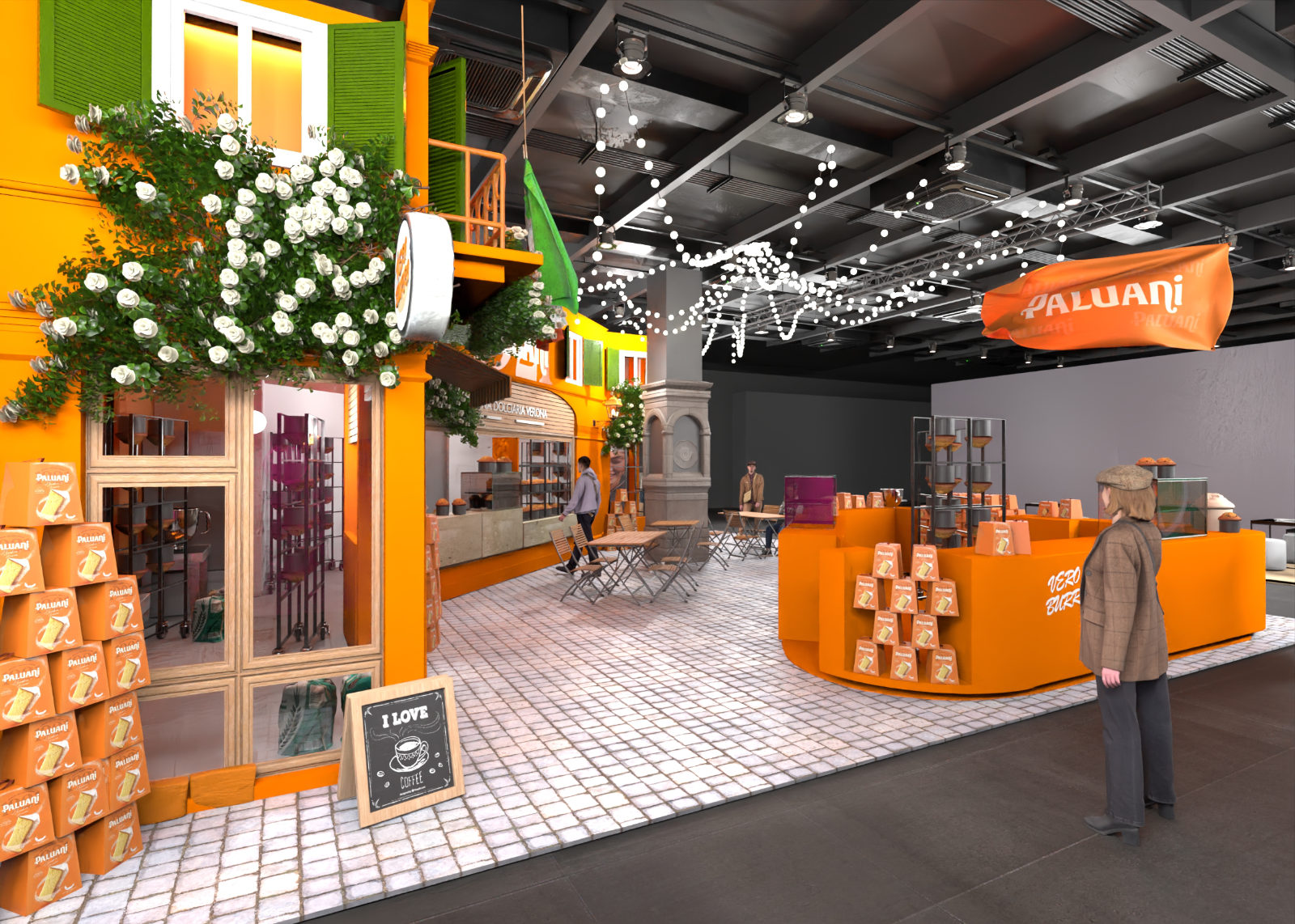 Detailrendering des Paluani Messestands von Juni Studio mit Backstube, Fassaden, Lichterketten und Tresen in italienischer Piazza Atmosphäre