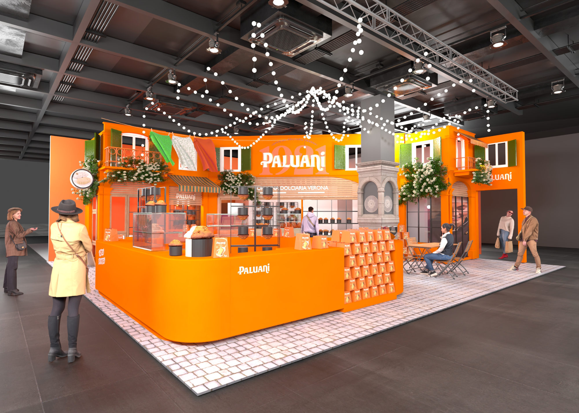 Rendering des Paluani Messestands von Juni Studio mit Lichterketten, Tresen, Brunnen und Cafébereich als italienische Piazza auf der ISM Köln