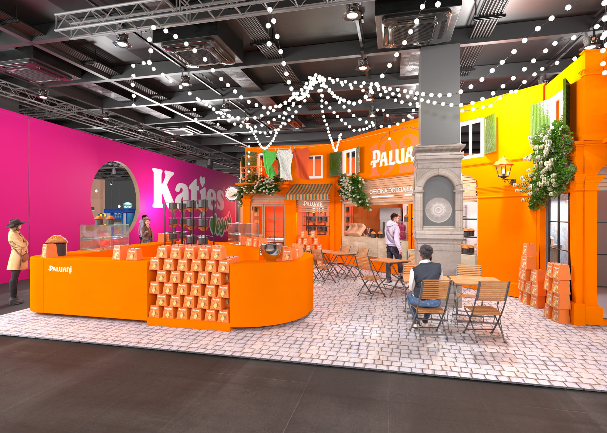 Rendering des von Juni Studio entworfenen Paluani Messestands auf der ISM Köln als italienische Piazza mit Tresen, Cafébereich und Fassaden