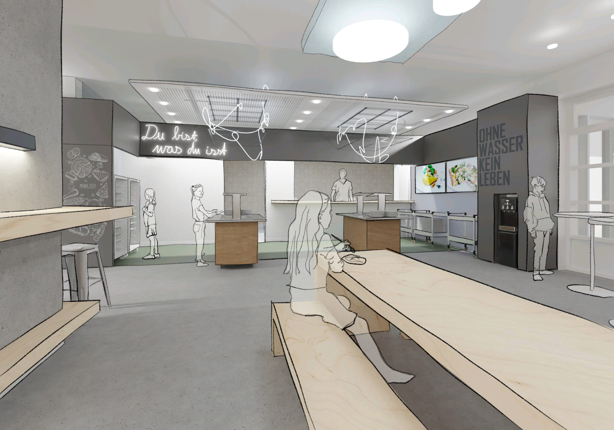 Rendering einer Schulmensa von Juni Studio mit Essensausgabe, Salatbuffet und flexibler Nutzung als Mehrzweckraum