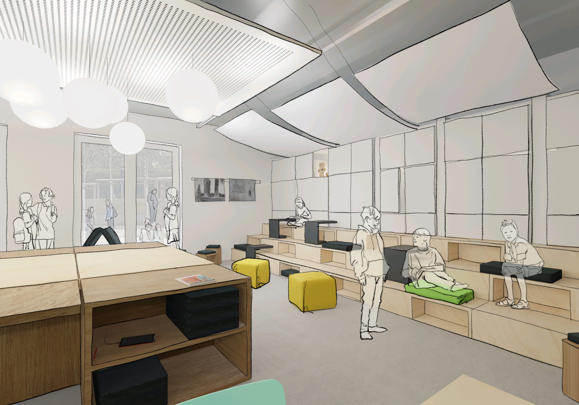 Rendering eines Kunstraums mit Sitztreppe, integrierter Stauraumwand und großem Gruppentisch in einer Schulmensa