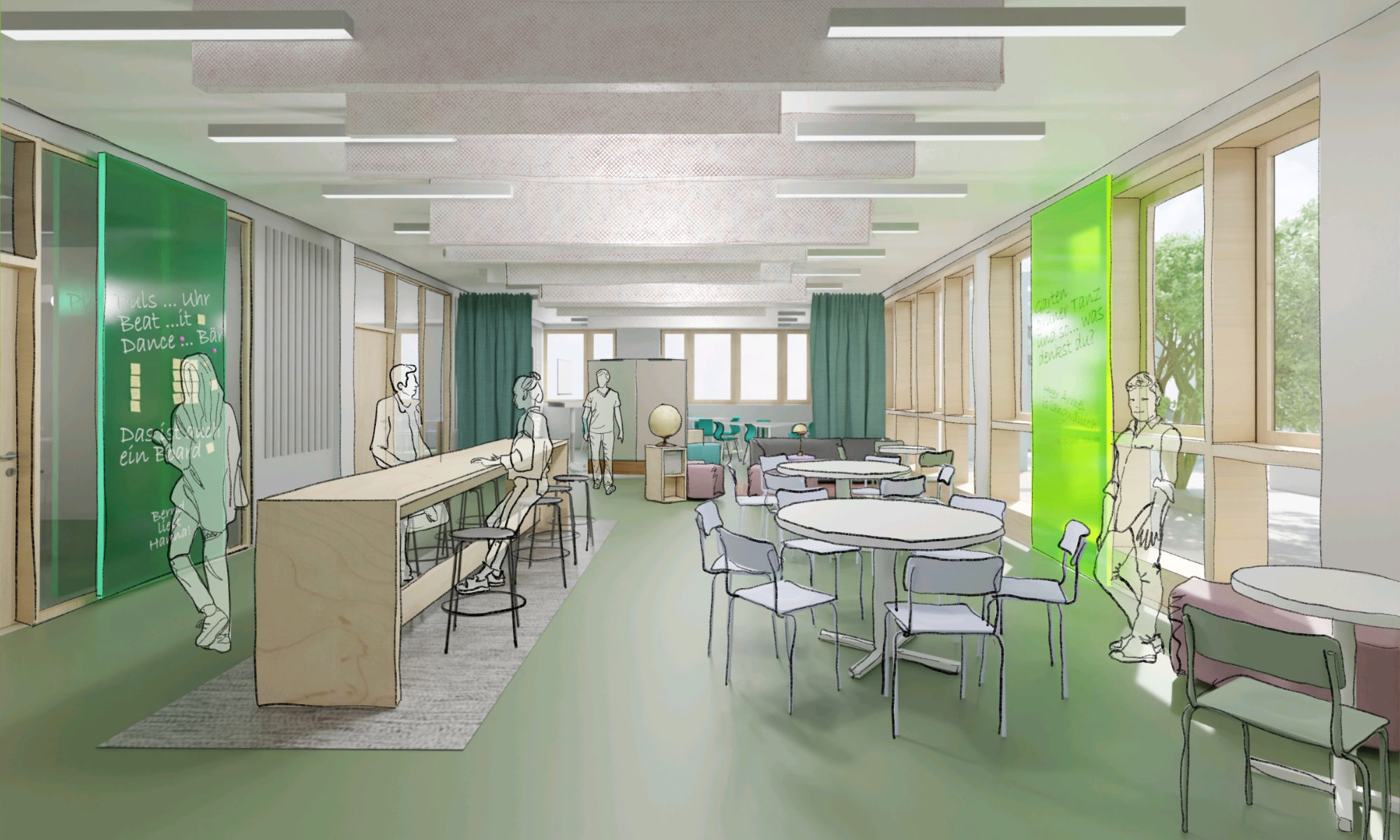 Entwurf einer Lernlandschaft mit langem Gruppentisch für gemeinsames Arbeiten, seitlichen runden Tischen sowie Vorhängen und Raumteilern im Hintergrund