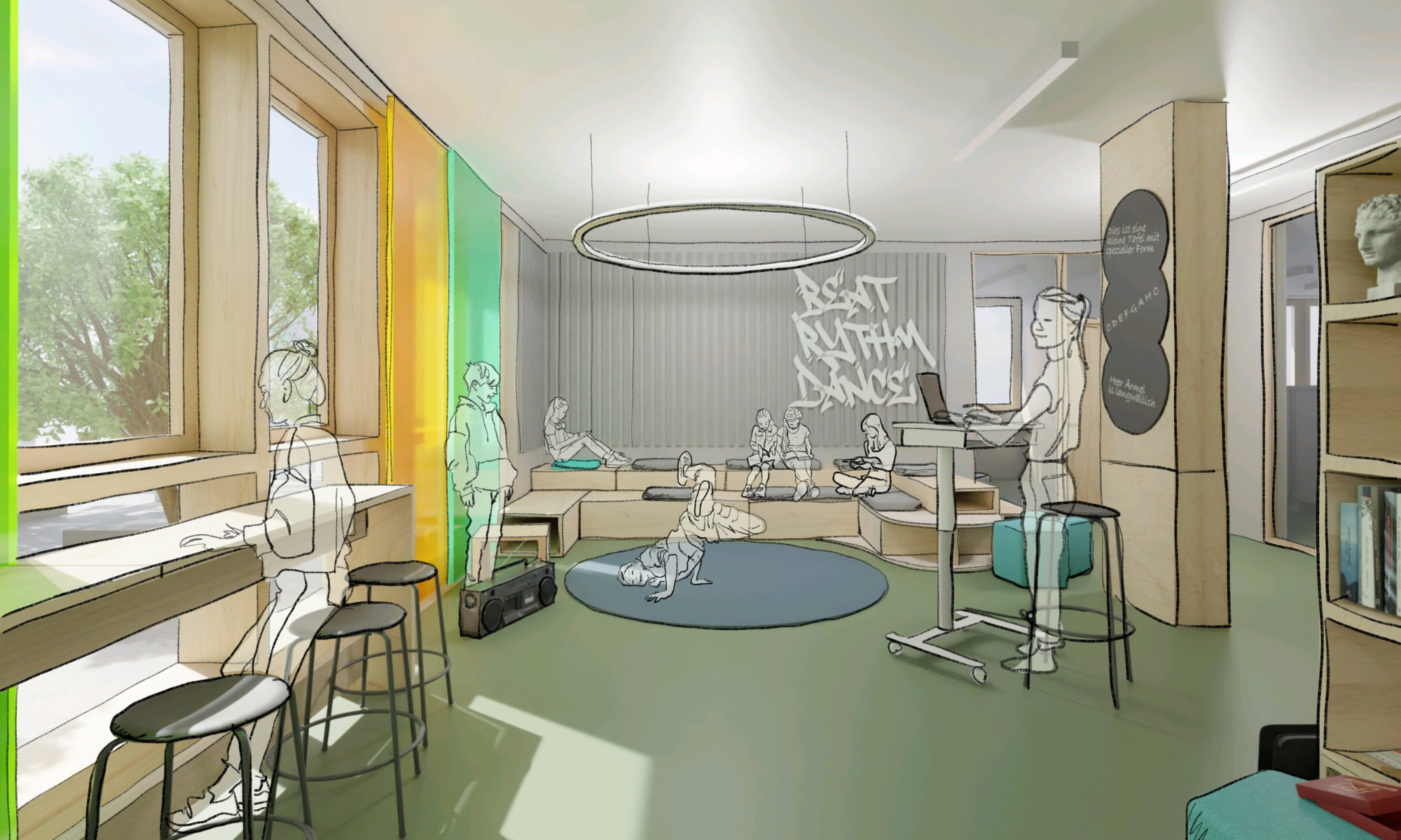 Entwurf einer Inputsituation für Musik und Tanz mit halbkreisförmiger Sitztreppe, zentraler Bühne sowie Stauraum und Arbeitsplätzen am Fenster