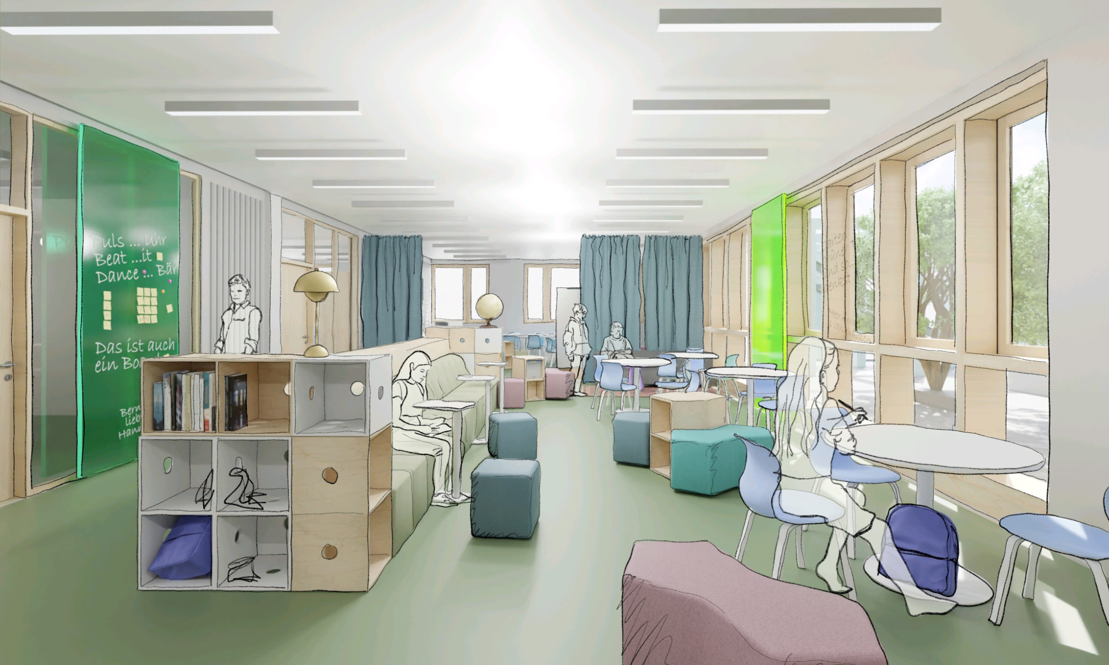 Entwurf einer Lernlandschaft mit caféartiger Atmosphäre, integriertem Stauraum und flexibler Gliederung durch Vorhänge