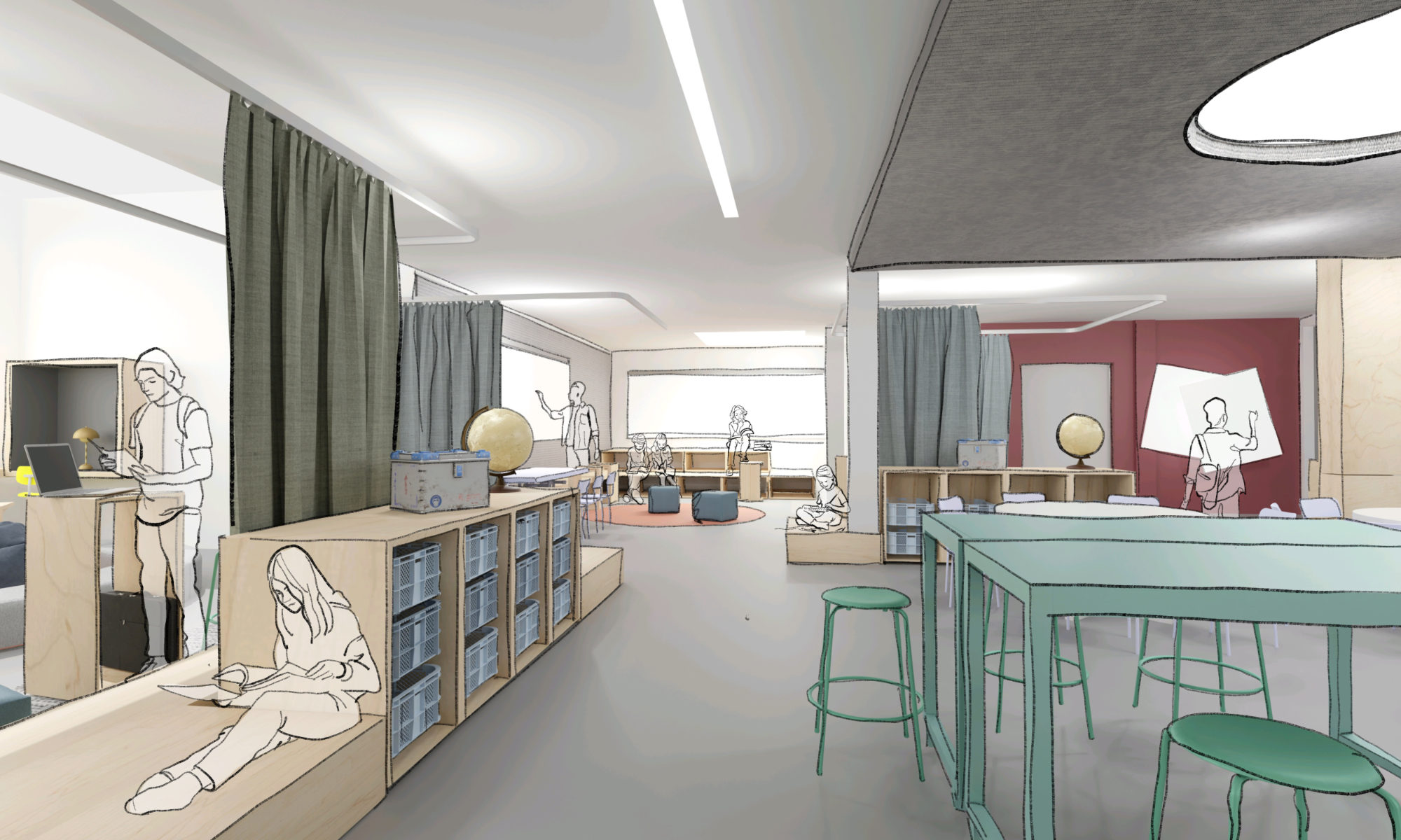 Entwurfsskizze einer offenen Lernlandschaft mit Bereichen für Gruppenarbeit, Rückzug und gemeinsame Inputsituationen in der Stadtteilschule Leuschnerstraße