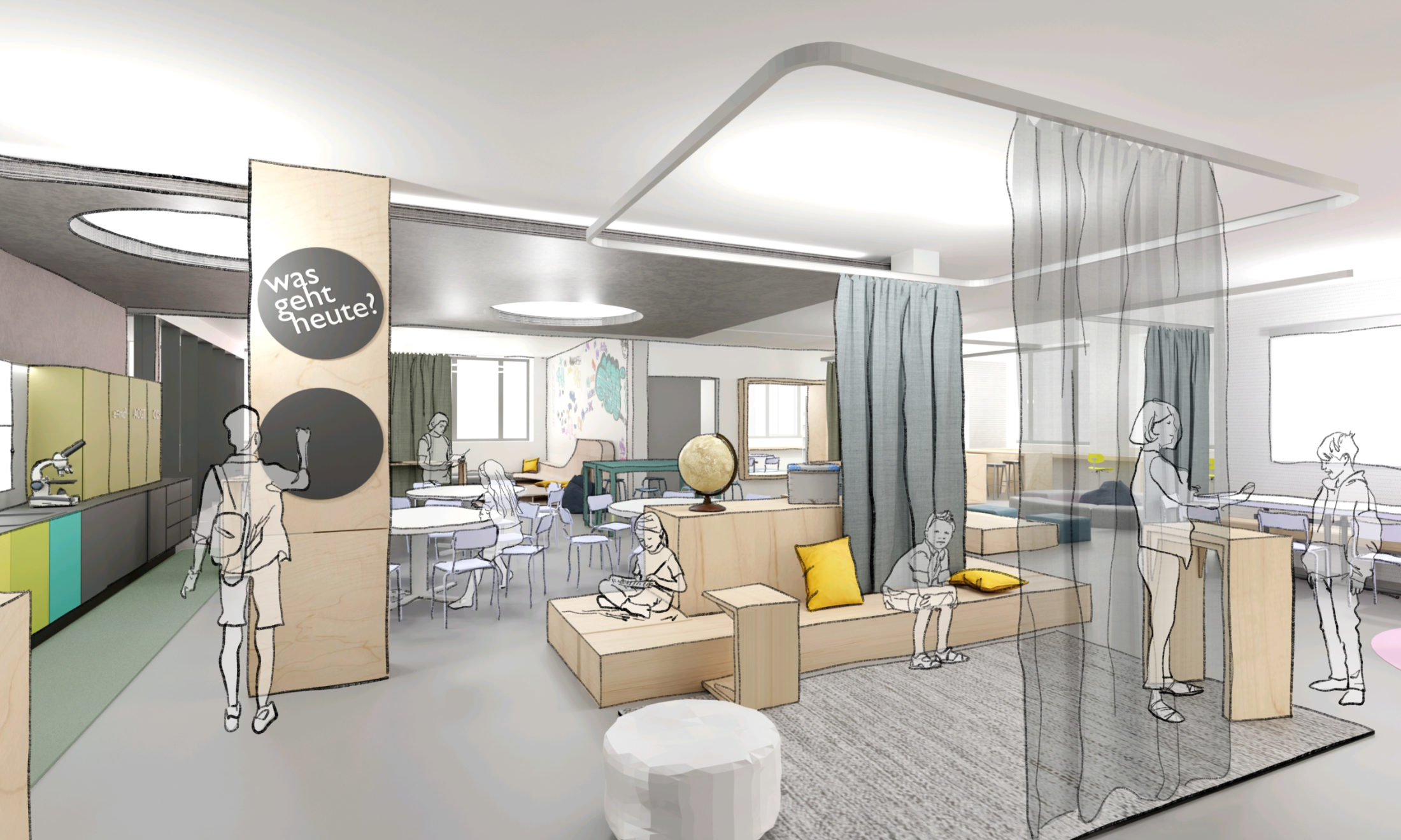 Entwurf einer offenen Lernlandschaft mit zentraler Mittelinsel und flexibler Zonierung durch Vorhänge