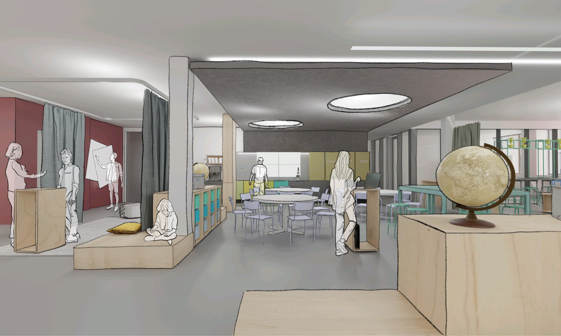 Entwurf einer Lernlandschaft mit raumgliedernden Stauraummöbeln aus Holz, Vorhängen und abgehängter Akustikdecke zur Definition eines zentralen Bereichs