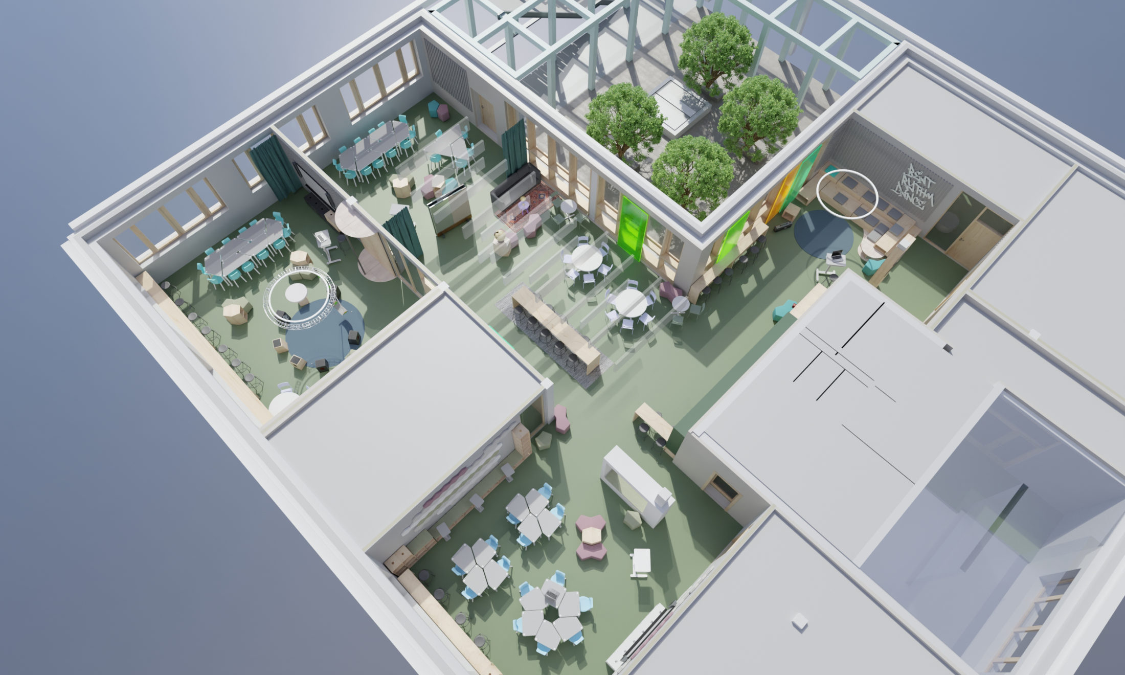 Entwurfsübersicht einer Lernlandschaft mit gegliederten Zonen für Gruppenarbeit, Rückzug, Inputsituationen und Bewegungsbereiche