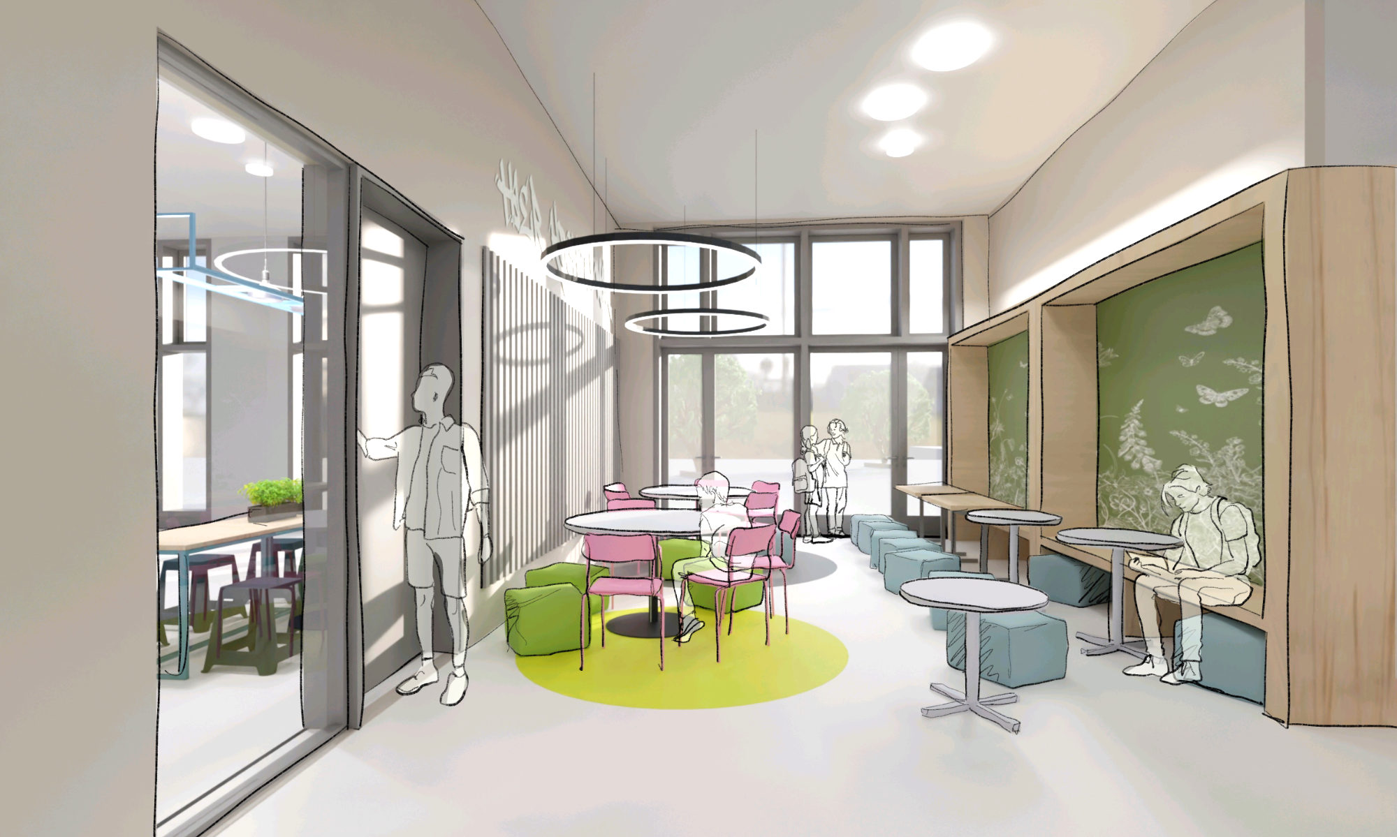 Entwurf einer Mensa mit Sitznischen, Fensterplätzen und unterschiedlichen Aufenthaltsbereichen
