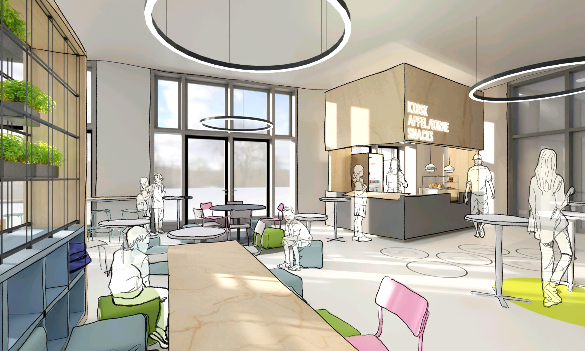 Entwurf einer Mensa mit Kiosk, zentralem Treffpunkt und offenen Sitzbereichen