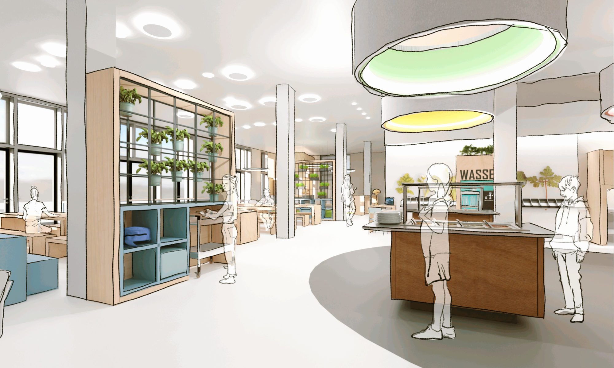 Entwurf einer Mensa mit zentralem Ausgabebereich, Pflanzenregal als Raumgliederung und offenen Sitzbereichen
