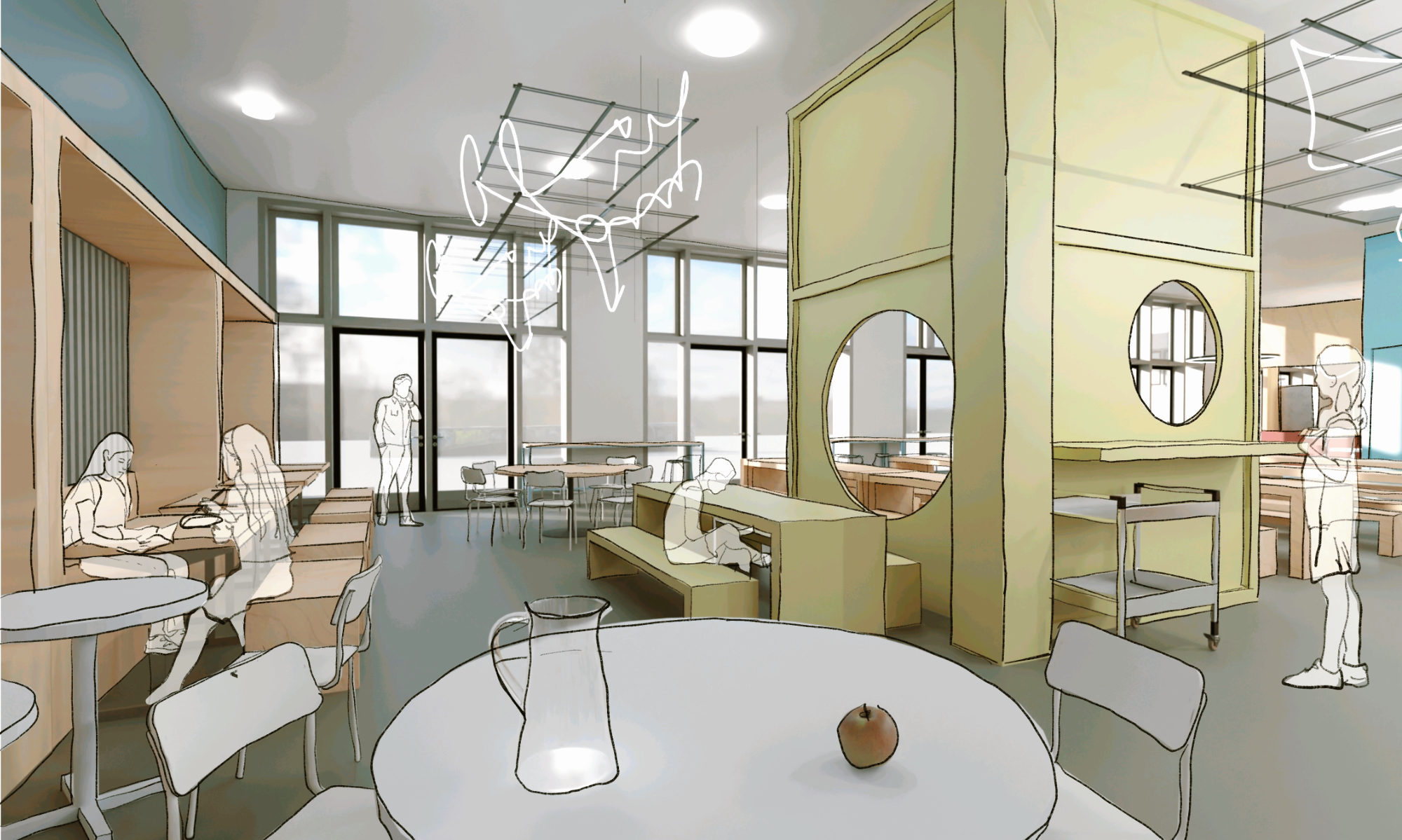 Entwurf einer Mensa mit großen raumgliedernden Einbauten, unterschiedlichen Sitzbereichen und offener Raumstruktur