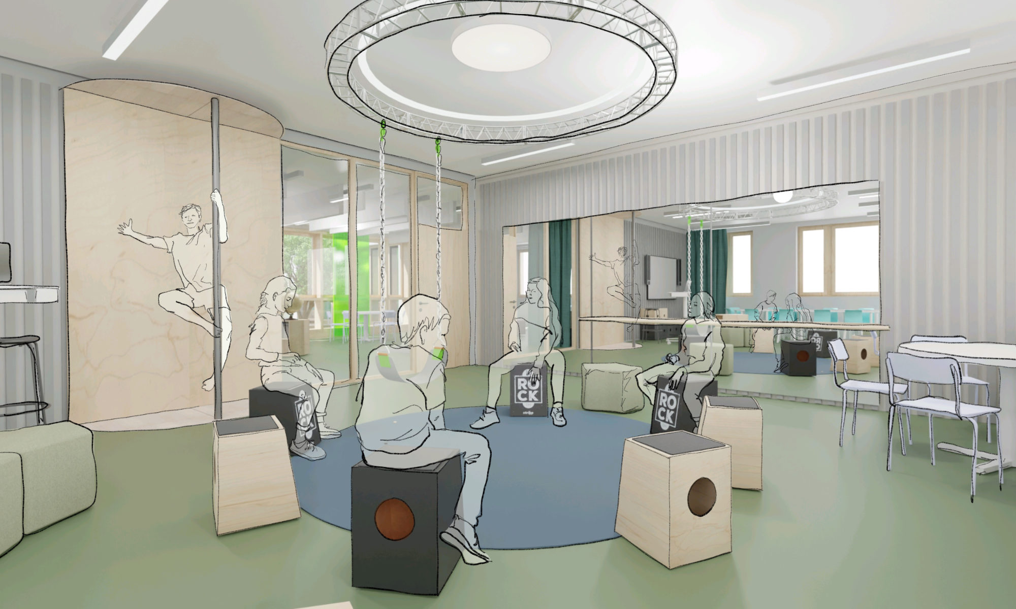 Entwurf eines Musikbereichs mit im Kreis angeordneten Cajons, großem Tanzspiegel im Hintergrund und Bewegungsfläche