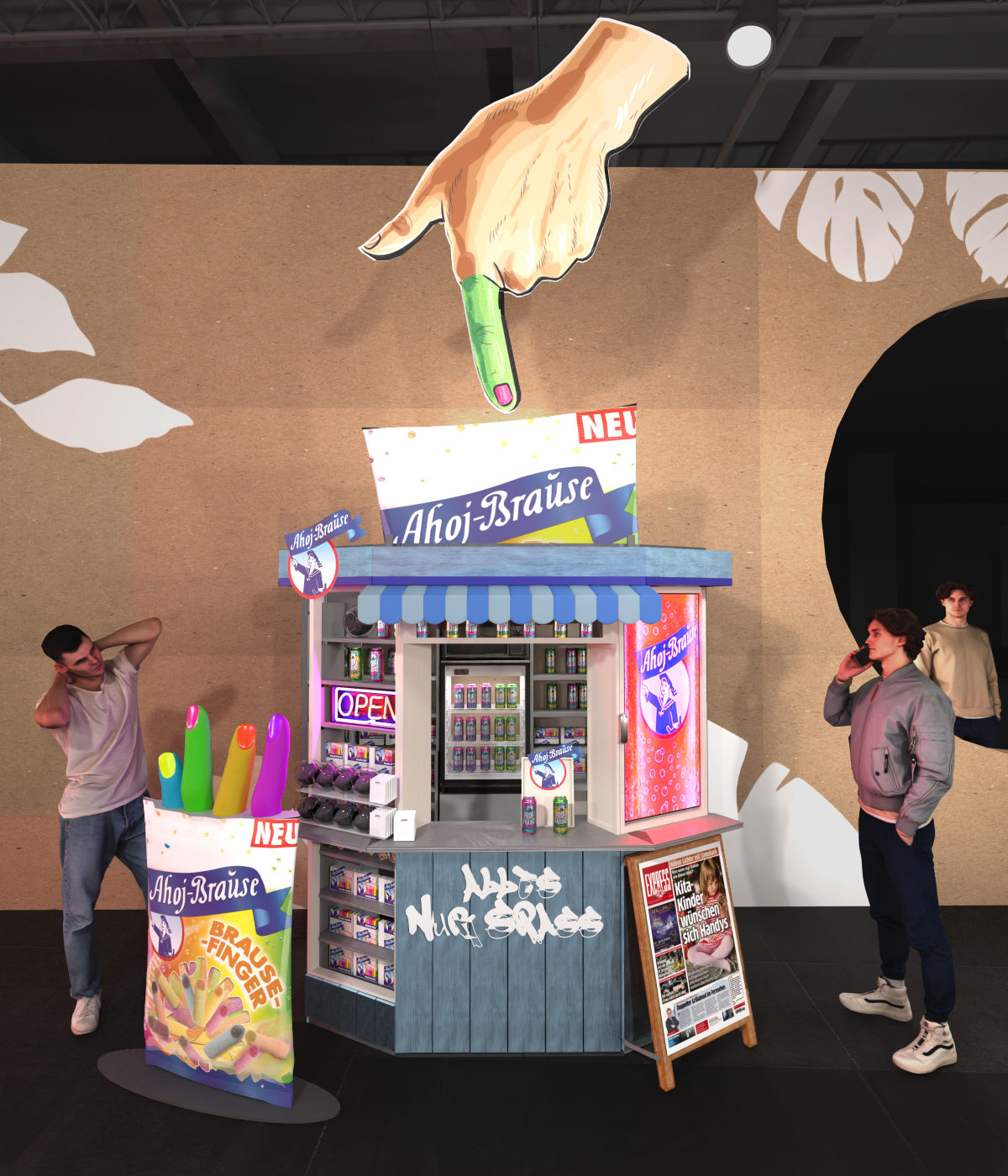 Entwurfs-Rendering des Ahoj-Brause Kiosks für den Katjes-Messestand auf der ISM 2026