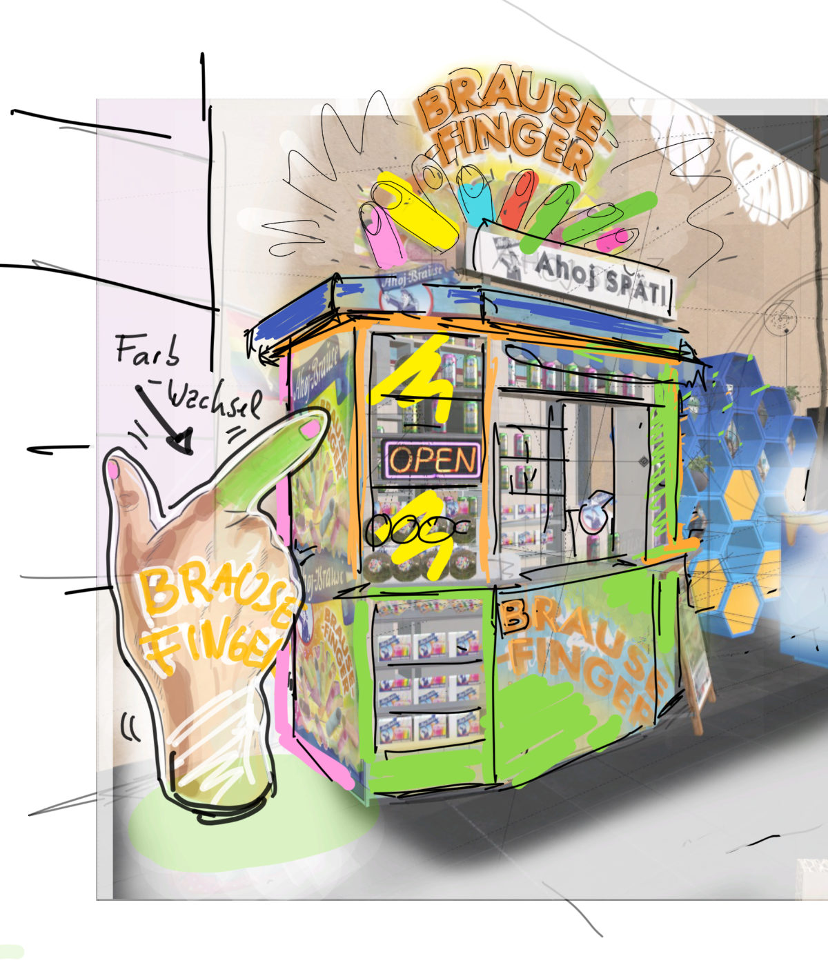 Entwurfsscribble für den Ahoj-Brause Kiosk auf der ISM 2026 mit ersten Ideen zu Farbe, Gestaltung und Warenpräsentation